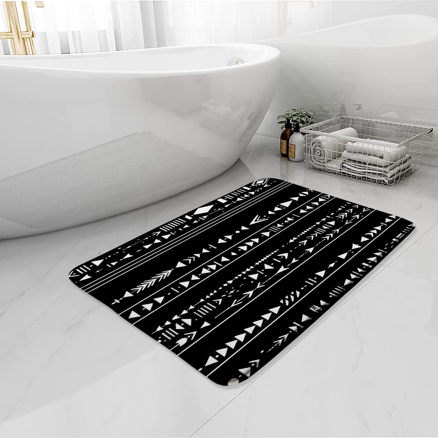 BNYARH Black Aztec Bath Mat White Geometric Boho Triangle Stripe Western Rustic Southwestern Ethnic Bathroom Rug Microfiber Memory Foam Home Decor