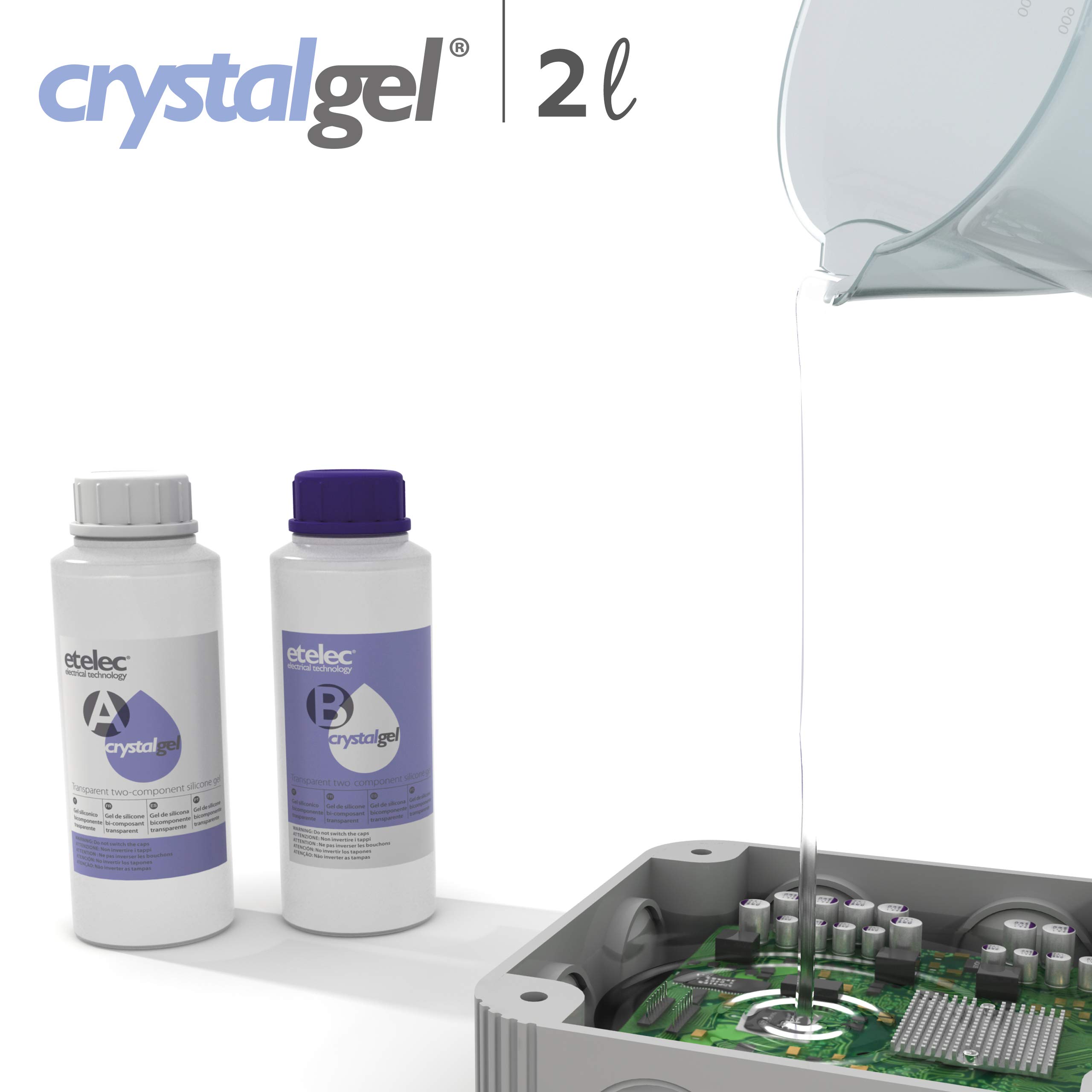 Kit de cristalgel de 2 litros, gel de silicona transparente cristalino de dos componentes, sellos aislantes cajas cajas de derivación, paquetes 2 botellas 1 litro + jarra