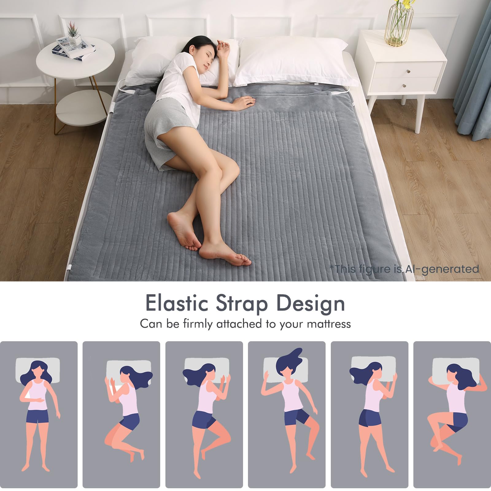 Surmatelas Chauffant 160 x 140 cm Avec Arrêt Automatique, 4 Niveaux de Température Et 2 Zones de Température Avec Contrôleur Amovible, Chauffage Rapide, Fixation Facile sur Le Matelas