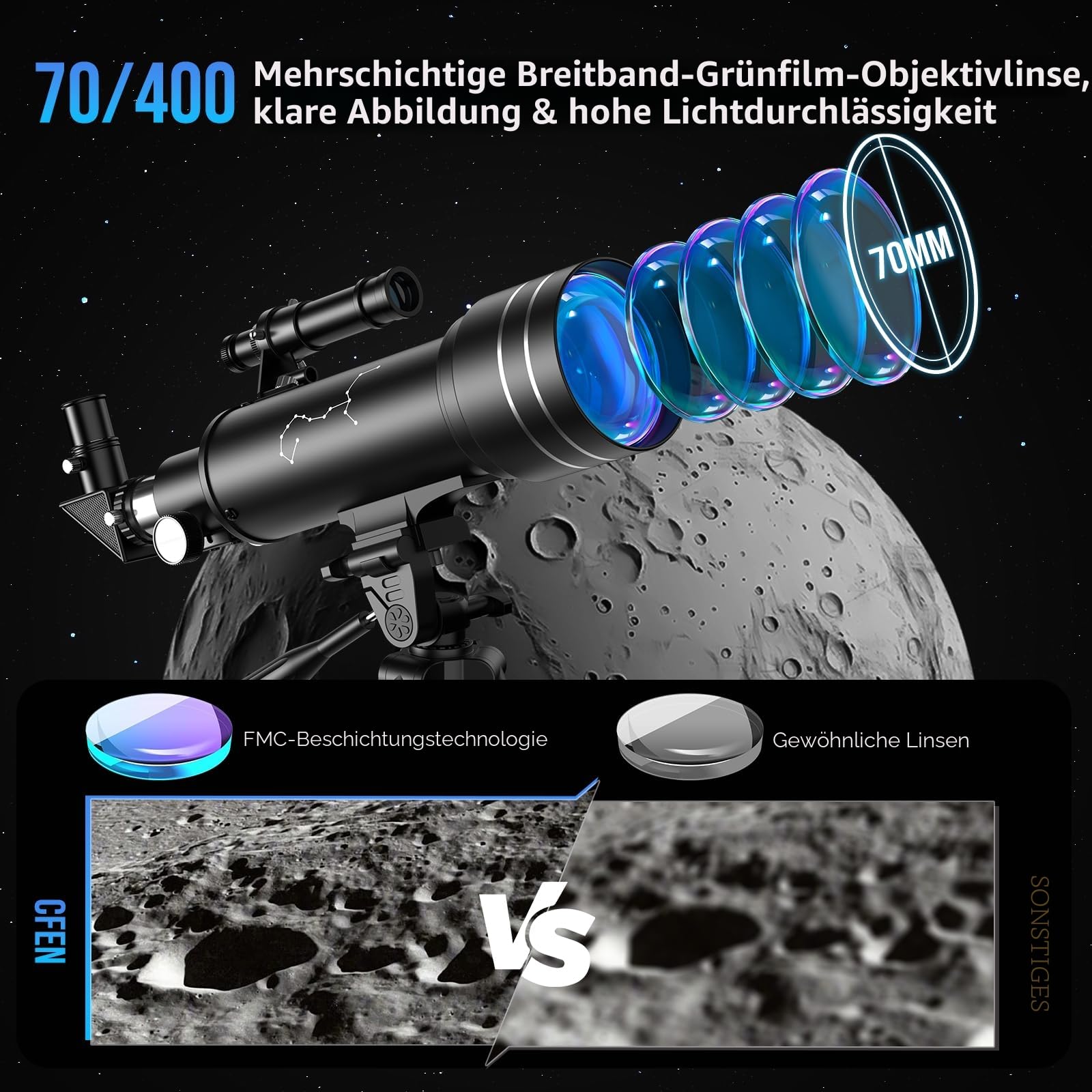 Teleskop, Astronomie Teleskop für Kinder Erwachsene, 70mm Aperture 400mm Linsenteleskop Tragbares Reiseteleskop für Anfänger mit Stativ Telefon Adapter Rucksack Bluetooth Kamera-Fernbedienung