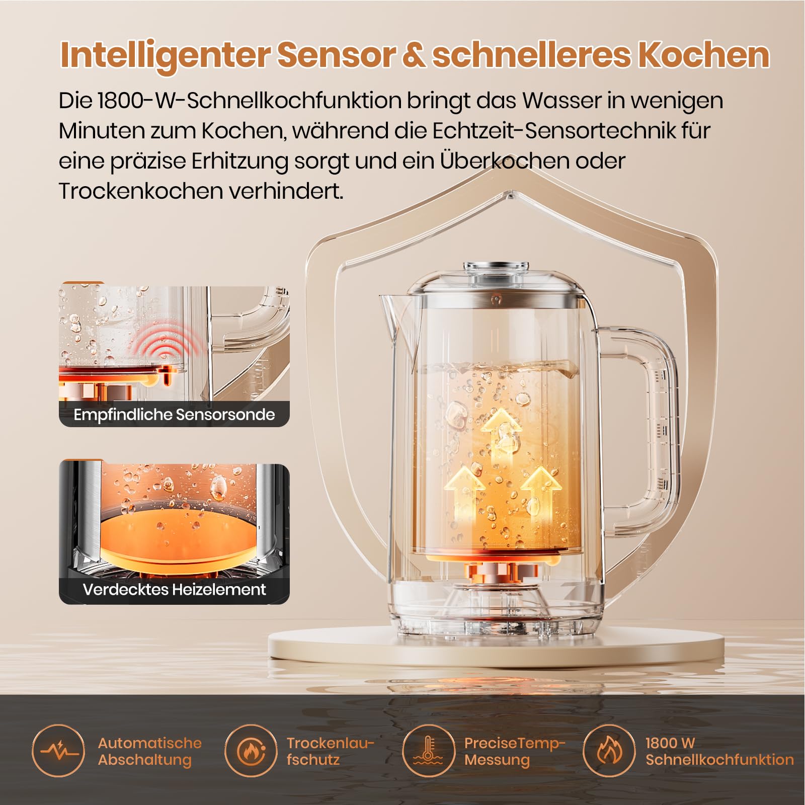 OLEGA Wasserkocher: 1800 W Wasserkocher mit Temperaturregelung, 1,5 l Fassungsvermögen, Edelstahl, Smart Kettle, ideal für Kaffee und Tee, Beige
