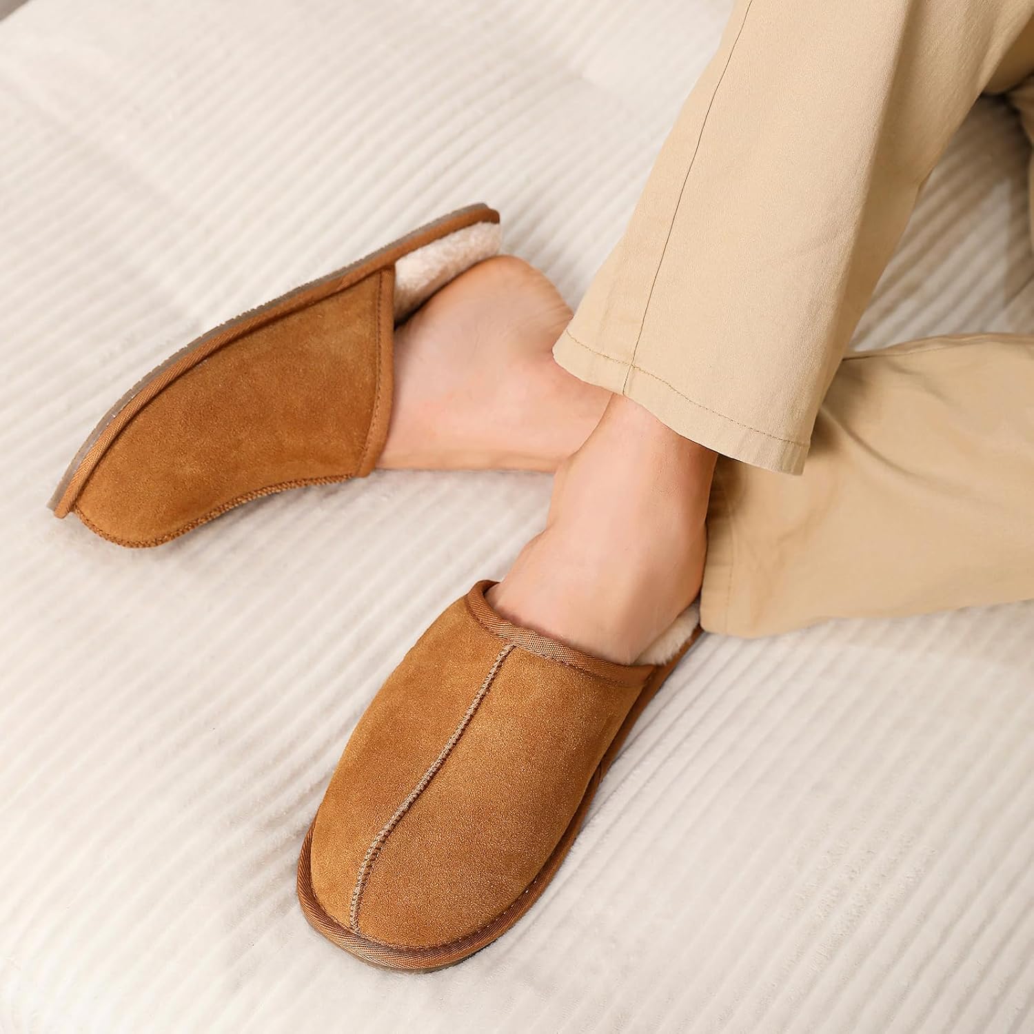 OOW Mens Slippers Genuine Suede House Slippers for Men Cozy Fuzzy Memory Foam Shoes Outdoor Non-Slip Fall Winter Footwear - Image 5