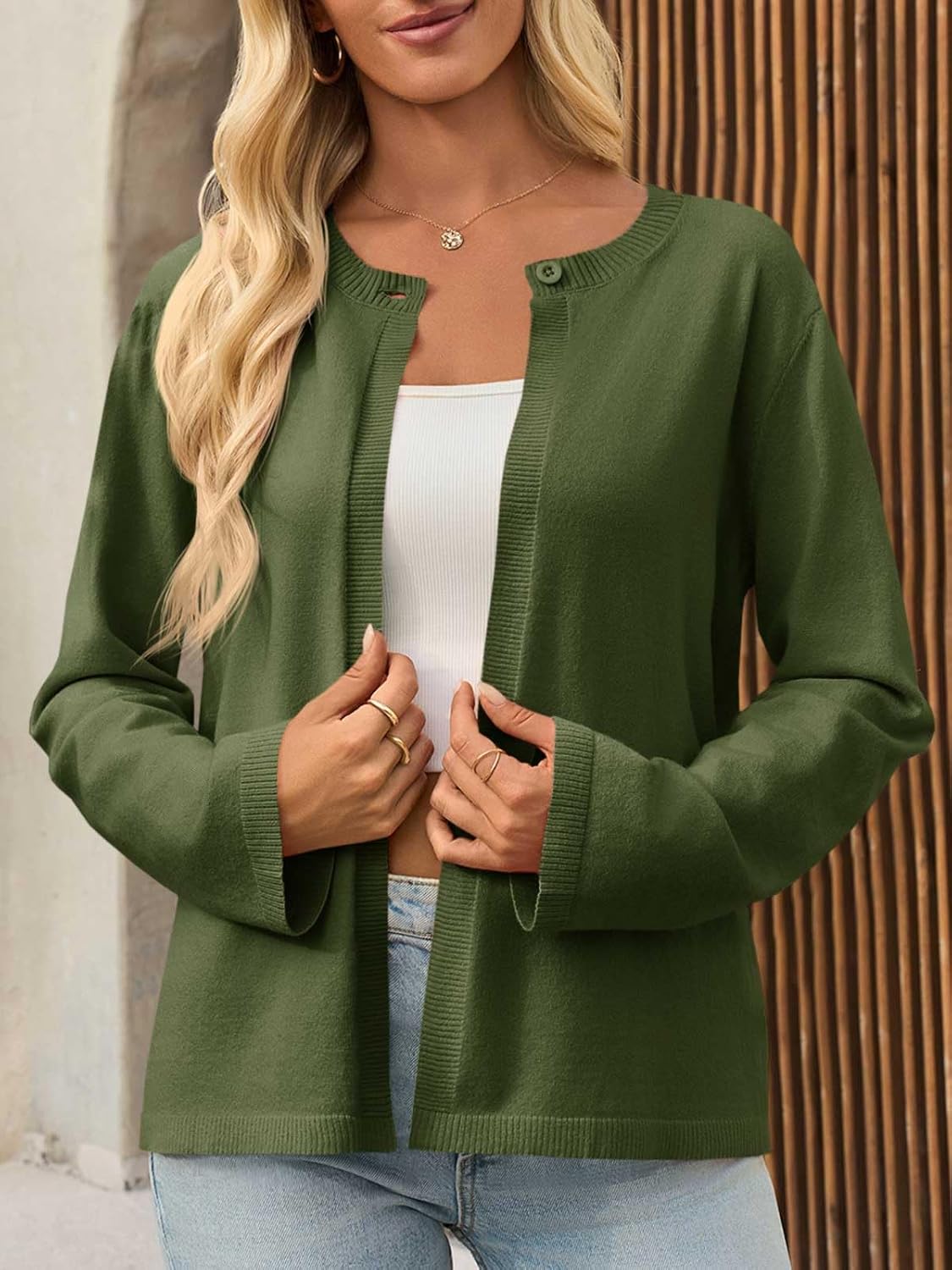 Saodimallsu Womens Lightweight Cardigans Open Front Long Sleeve One Button Casual Crewneck Loose Knit Shrug Sweater - Image 4