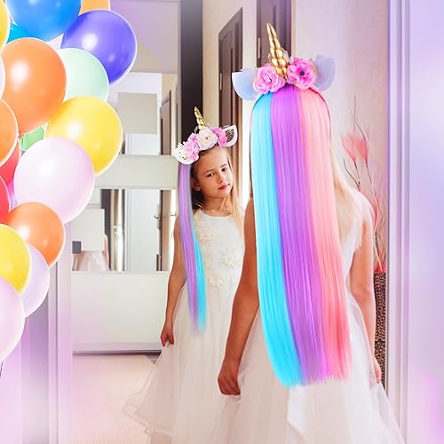 Miniatura 3 de NEGFER Diadema de unicornio - Diadema de unicornio con pelo con cara con purpurina de unicornio con peluca diadema de unicornio para niñas, disfraz
