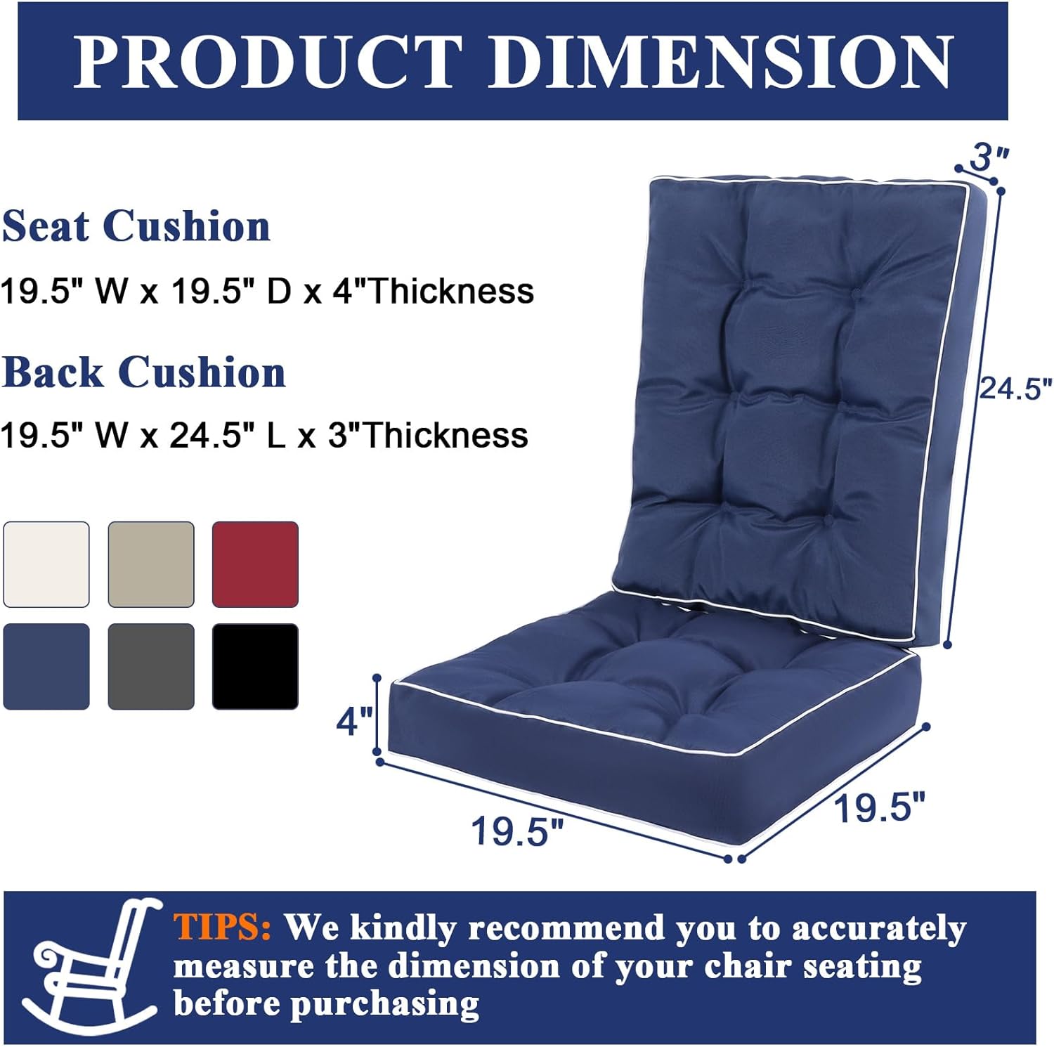 Topotdor Jumbo Rocking Chair Cushions Indoor, Tufted Rocking Chair Seat Cushion for Patio Furniture, Water Resistant Rocking Chair Pads with Ties for Nursery Balcony Chair, Blue