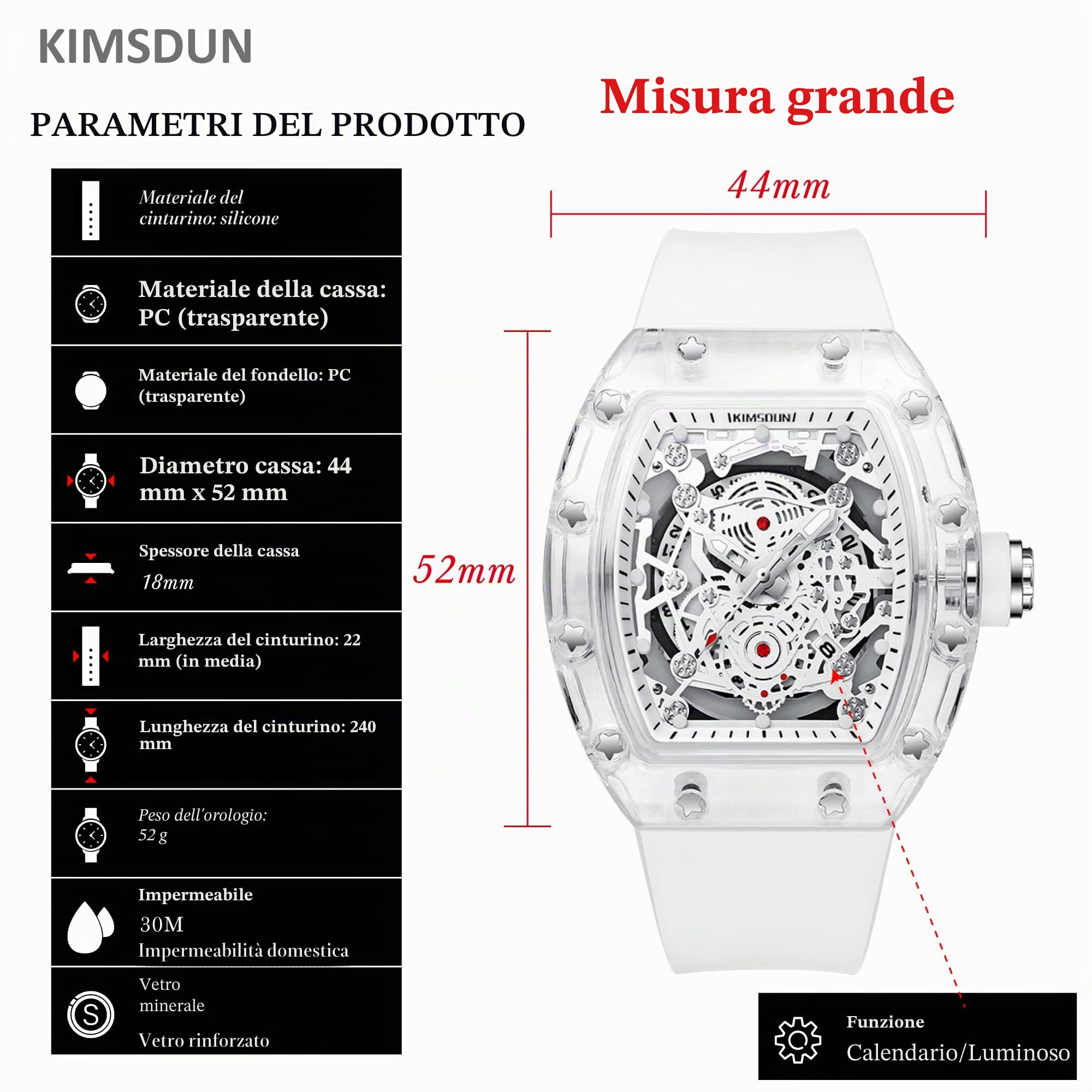 Eleganti orologi scheletrati sportivi, impermeabili, con movimento analogico al quarzo, datario e calendario, da polso, con cassa tonneau trasparente, orologio casual, cinturino in silicone
