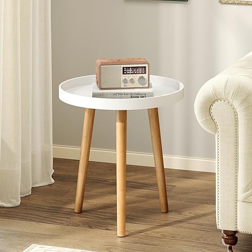 Giantex Mesa auxiliar redonda, mesa auxiliar con bandeja de madera, soporte de trípode resistente y conectores de metal de alta calidad, mesa