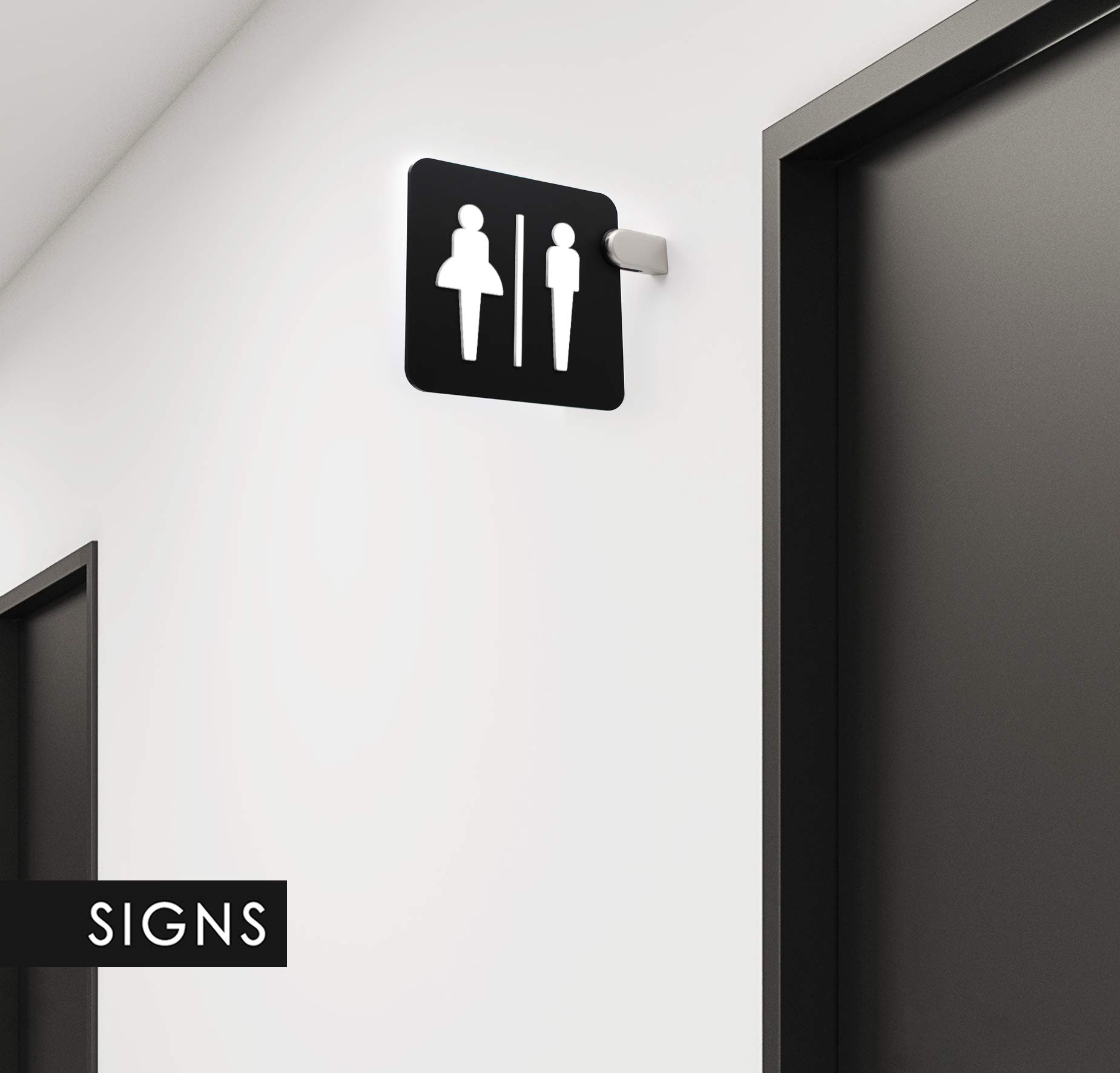 Signs - Letrero saliente de doble cara, en relieve (baño hombres y mujeres, restroom, toilette) Placa de señalización de WC con soporte mural para pasillos y salas (Modern)