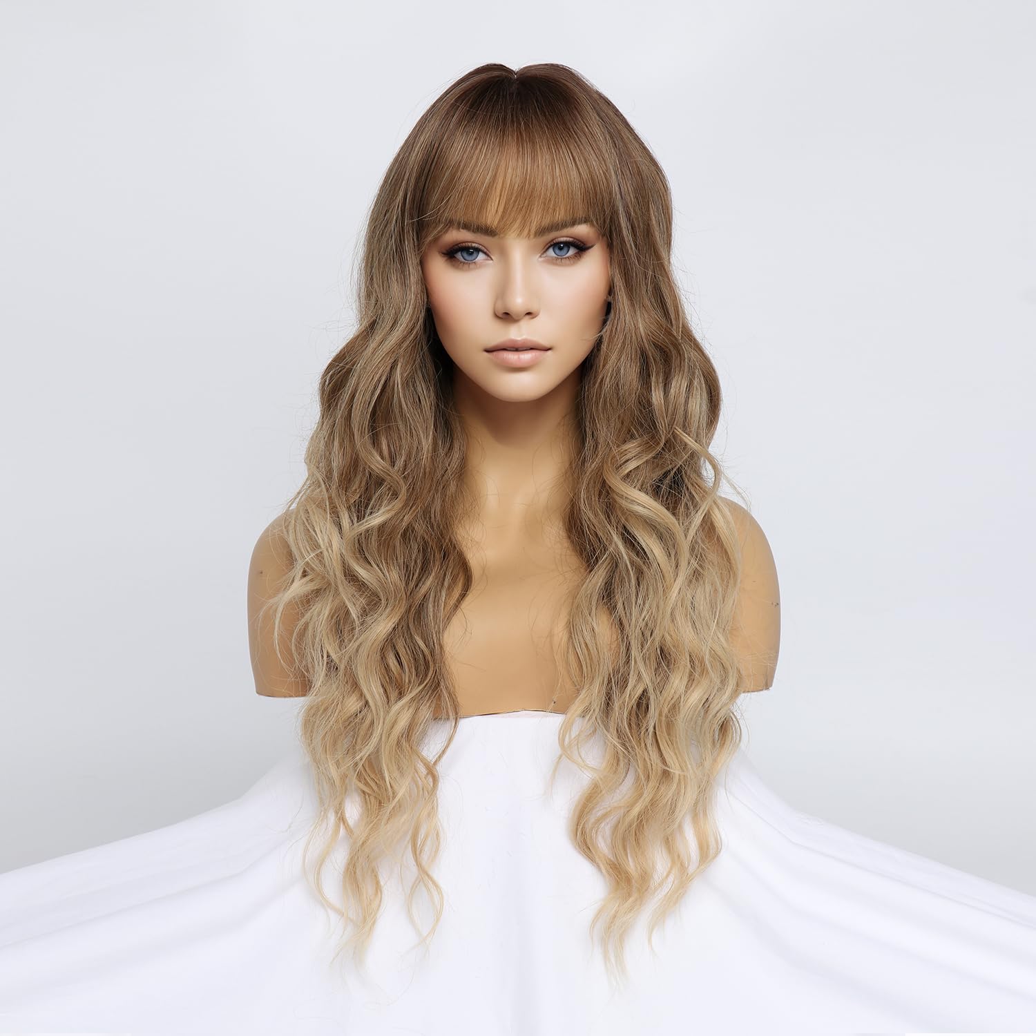 SIMKAYLEE Long Ombre Blonde Wavy Wig with Bangs for Women Ladies Water Wave Natural Looking Synthetic Blond Hair Wigs with Fringe Curly Female for Daily Carnival New Years Cosplay Party Wear (26 inch) - Image 2