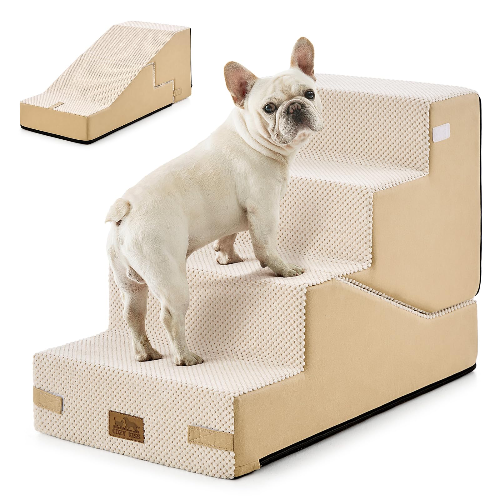 COZY KISS Dog Stairs for Small Dog, 18.9" H, 4 Step pet Step for Bed, Beige