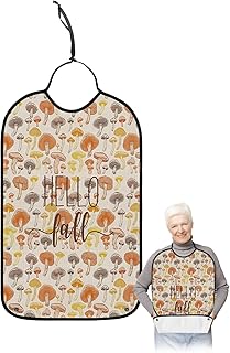 Kewadony Adult Bibs for Elderly Women - Thanksgiving Waterproof Dining Clothing Protectors with Crumb Catcher for Eating/Feeding, Fall Mushroom Hand Draw Vintage Burlap Terry Cloth Bib Washable