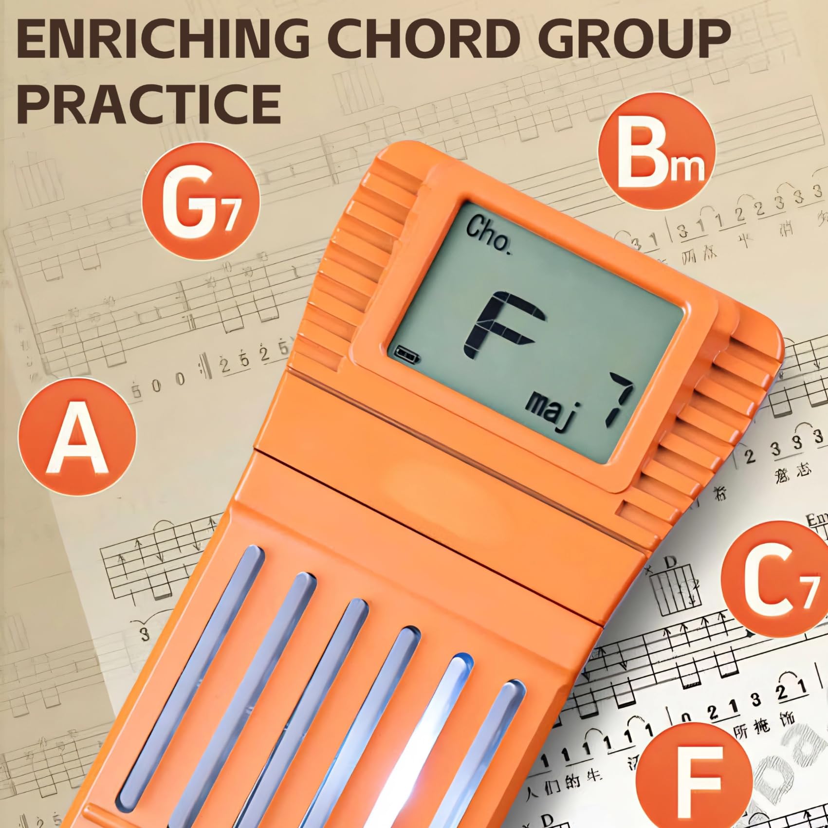 Digital Guitar Chord Trainer, tragbare 6-Bund-Gitarre Training Tool mit rotierenden Chart-Bildschirm, Anfänger Praxis Tool mit Akkord Chart Metronom, SCT-80 (Orange verbesserte Version)