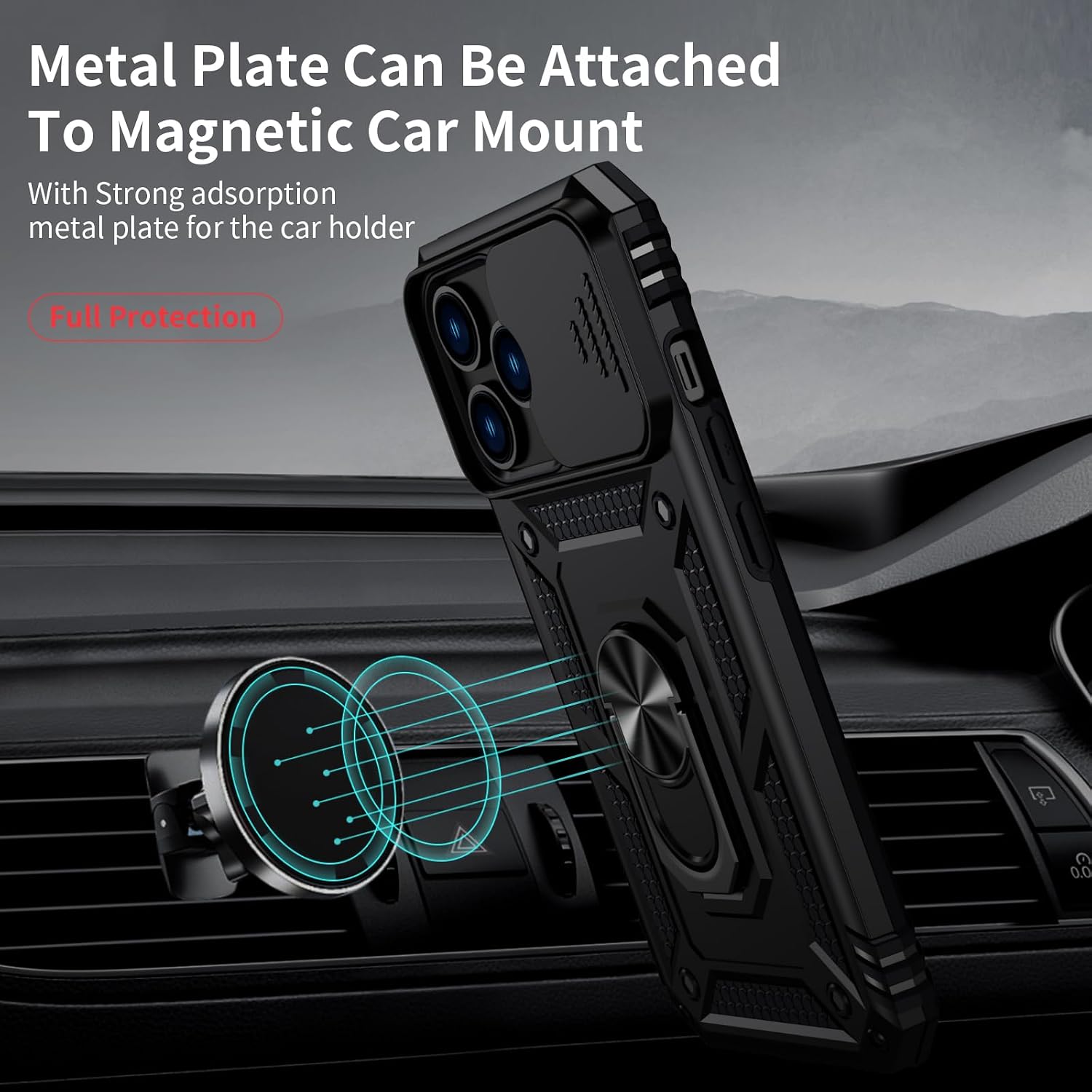 for iPhone 13 Pro Case with Camera Lens Cover, HD Screen Protector, 10 FT Military Grade Drop Protection, Magnetic Ring Holder Kickstand Protective Phone Case for iPhone 13 Pro, Black