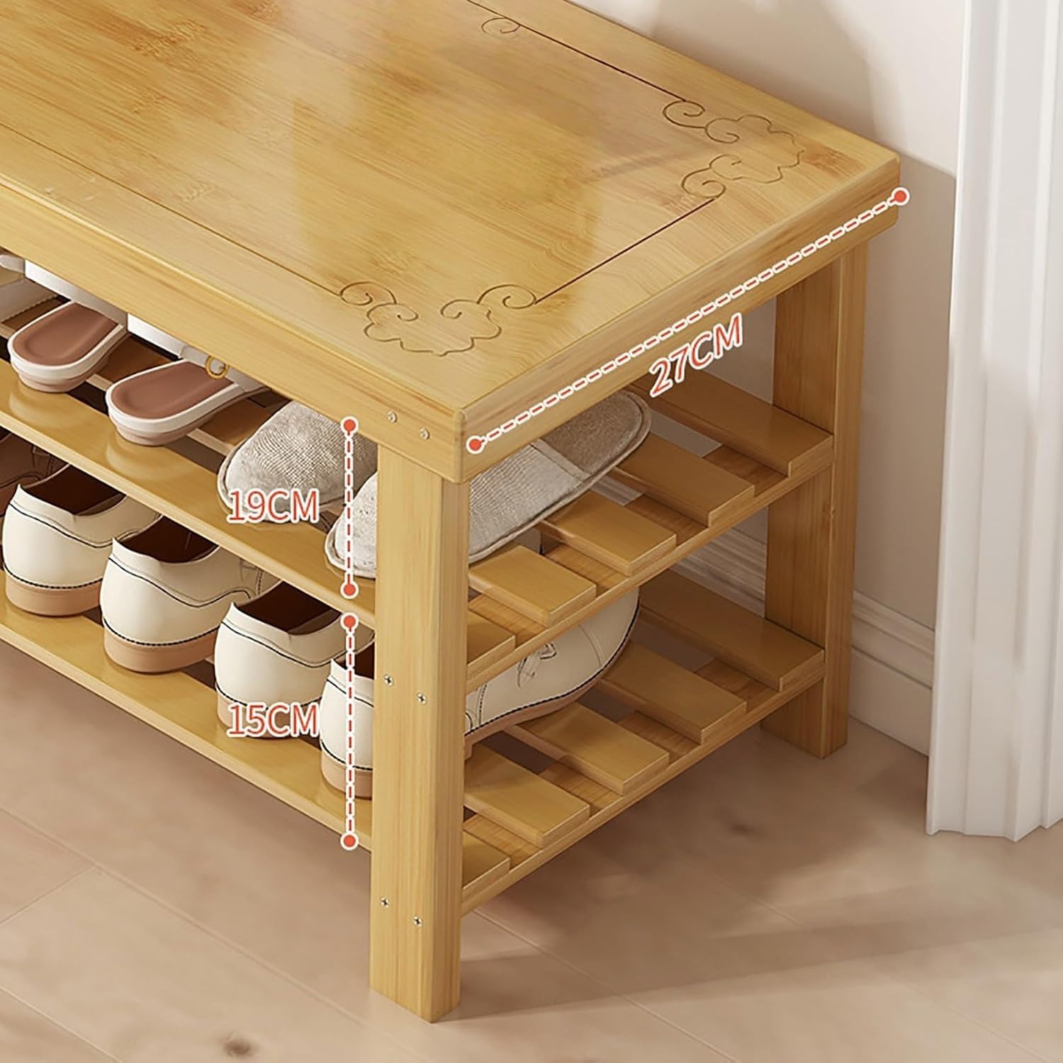 Banc à chaussures en bambou étagère de rangement 3 niveaux meuble entrée tabouret salon
