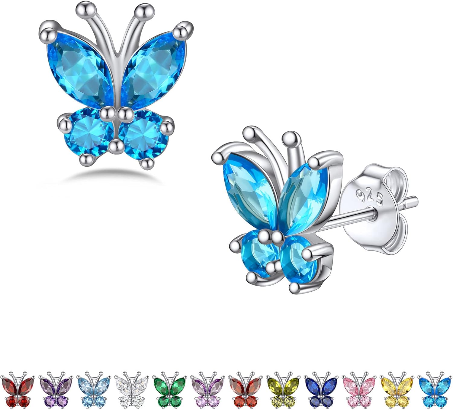 Bestyle Sterling Silver Butterfly Earrings for Women, Dainty Cute Birthstone Studs Hypoallergenic Jewelry, Great Birthday Gift