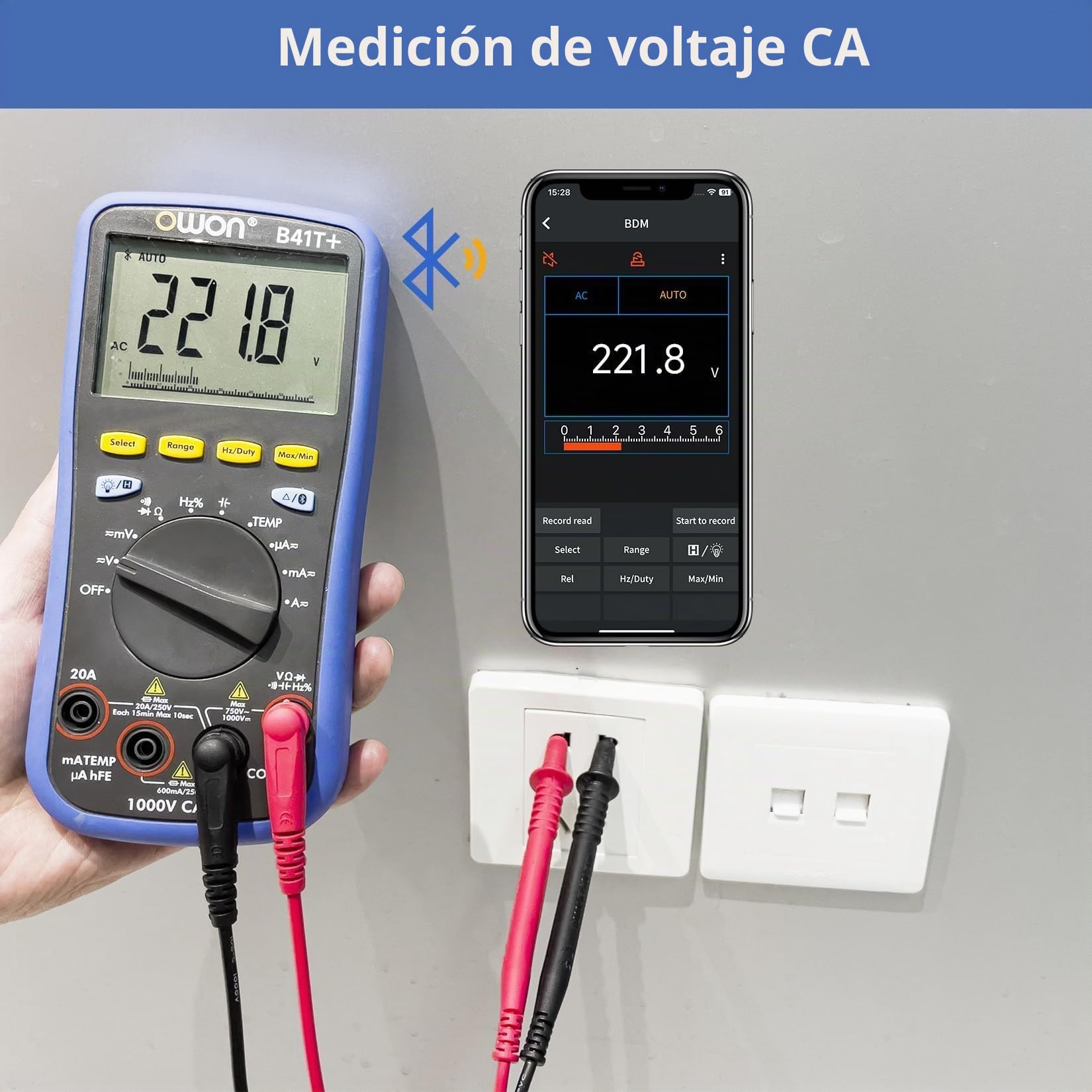 OWON B41T+ Multímetro digital Bluetooth Rango automático TRMS 22000 Conteos Ohmímetro para voltaje CA/CC, corriente, resistencia, continuidad, capacitancia, diodos, medición de temperatura