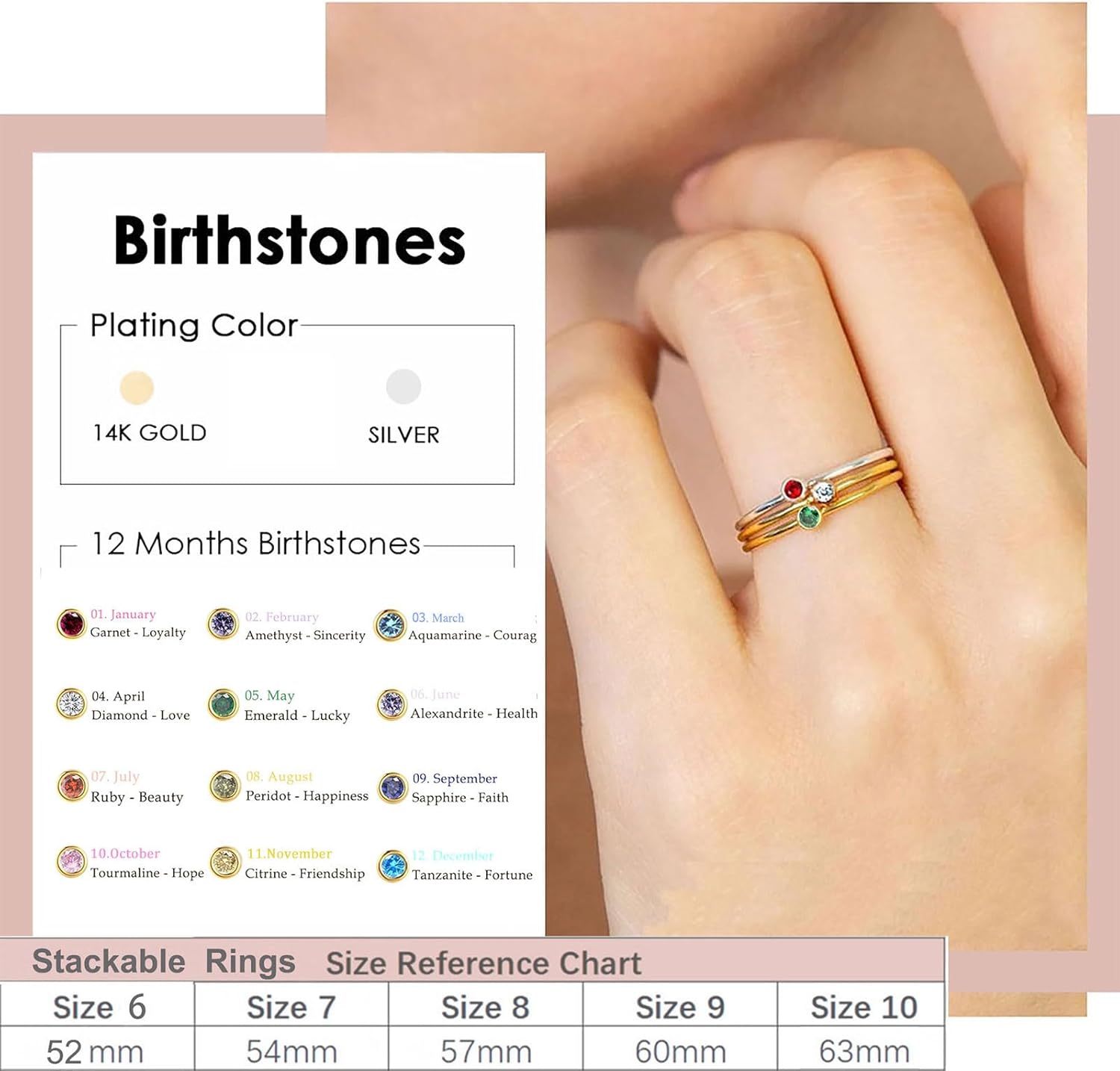 Birthstone Rings for Women Non Tarnish 14K Gold Plated Sterling Silver Stackable Birthday Gifts for Mom Dainty Emerald Green Blue CZ Gemstone Ring for Mothers Daughter Bridesmaid Gifts Jewelry - Image 3