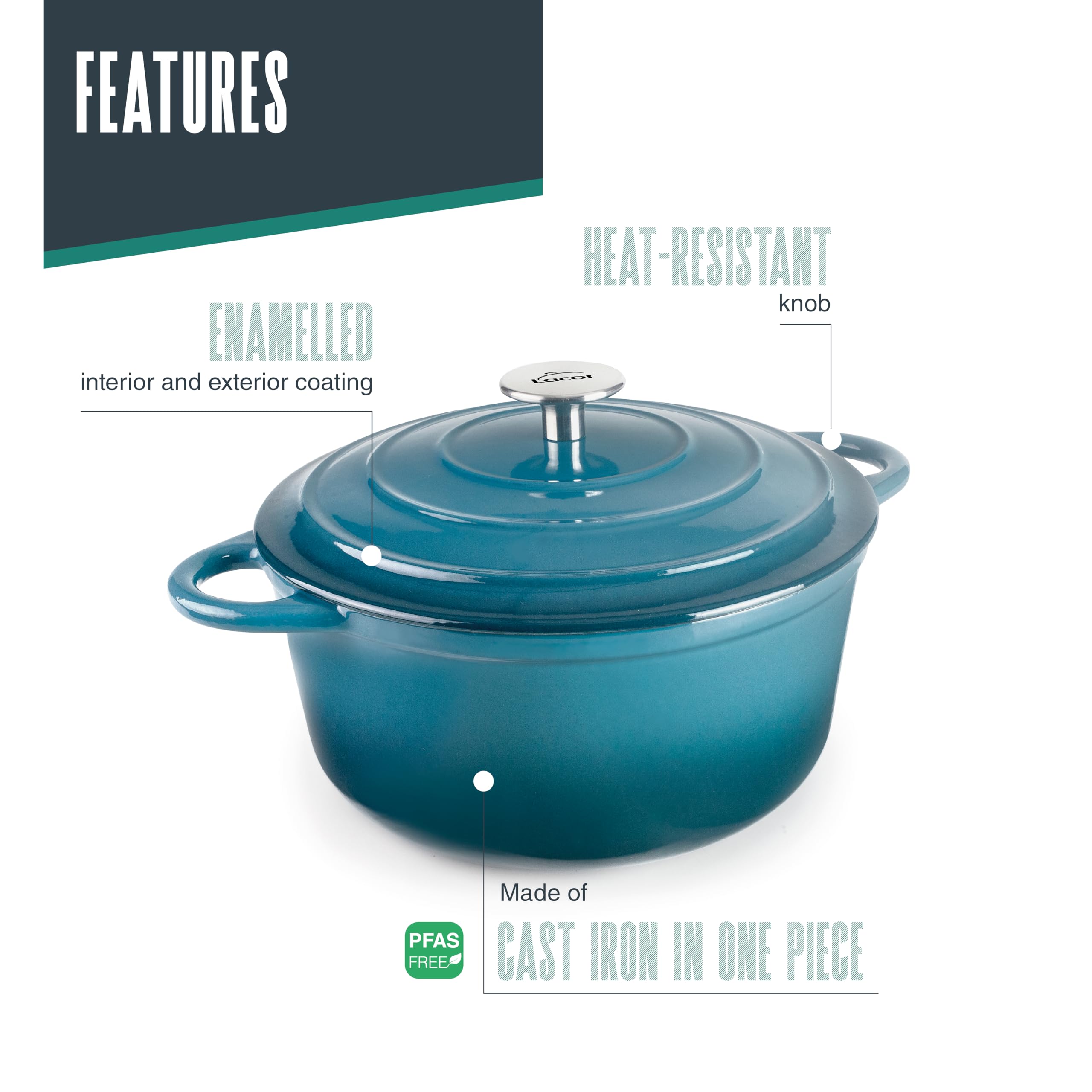 Lacor - 71700 - Casseruola in Ghisa Smaltata, 2,5 Litri, Diametro 20 cm, Tondo Ocean, Cottura Uniforme e Resistente, Adatta per Induzione, Forno e Lavastoviglie
