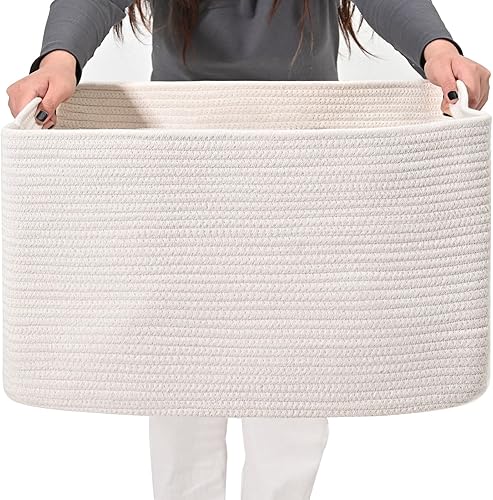 Miniatura 65 de Cesta grande para manta para sala de estar, canasta de almacenamiento rectangular, canasta grande para mantas, cestas de cuerda de algodón tejida