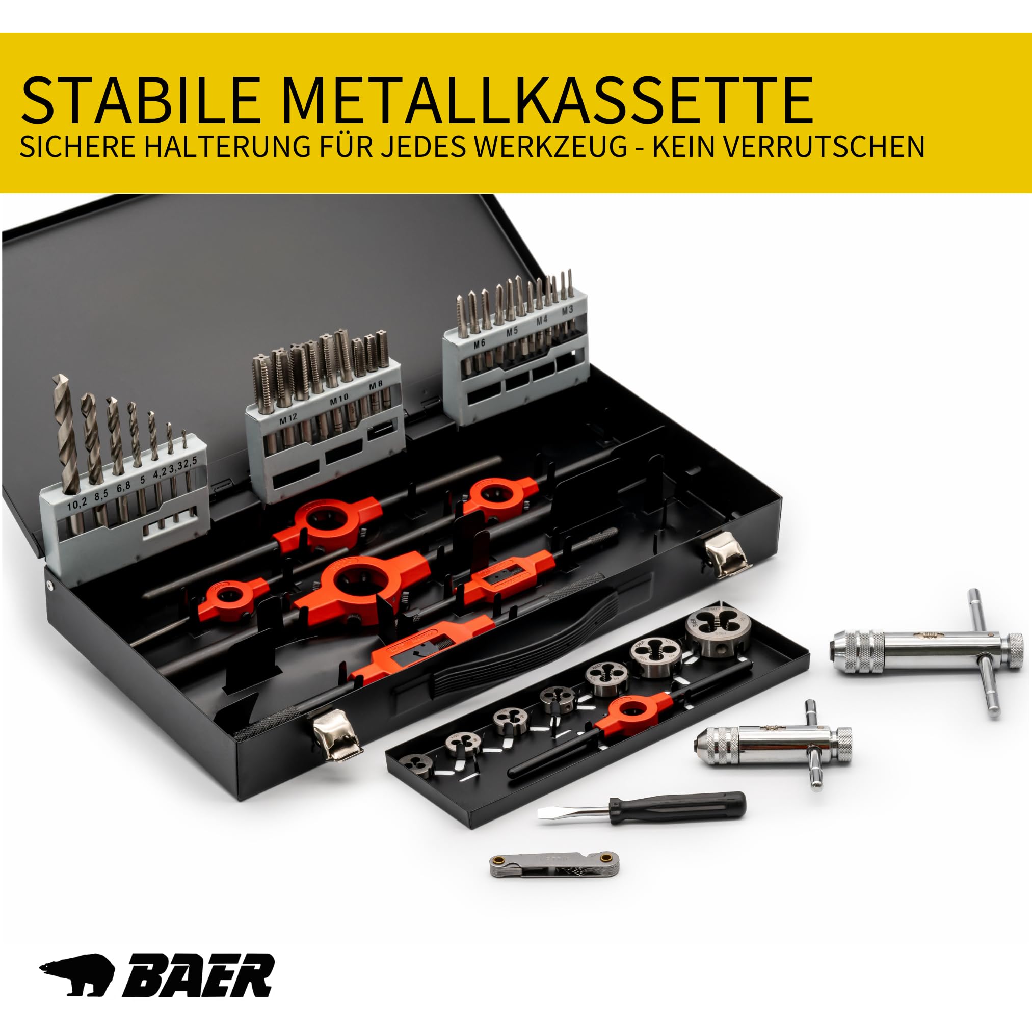 BAER Gewindeschneider Set 30-tlg. M3–M12 HSS-G | Handgewindebohrer + Schneideisen DIN 352/DIN 13 | Windeisen & Schneideisenhalter in Metallkassette | Profi Gewindeschneidsatz Innen- & Außengewinde