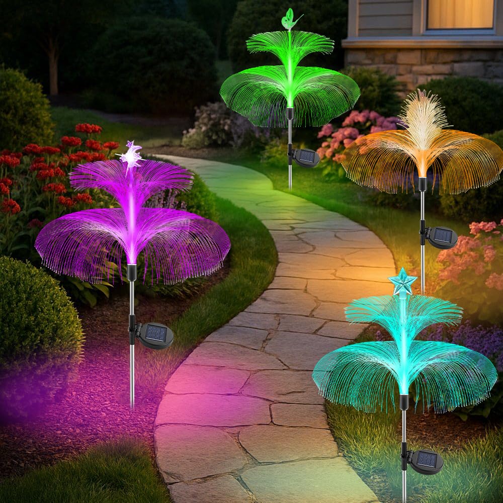 KUWUNG Solar Lights Outdoor Garden Ornaments, 4 Pack 7 Colour Changing Solar Jellyfish Lights, Waterproof Solar Garden Lights, Double Jellyfish Decorative Solar Lights for Yard Pathway Lawn Party