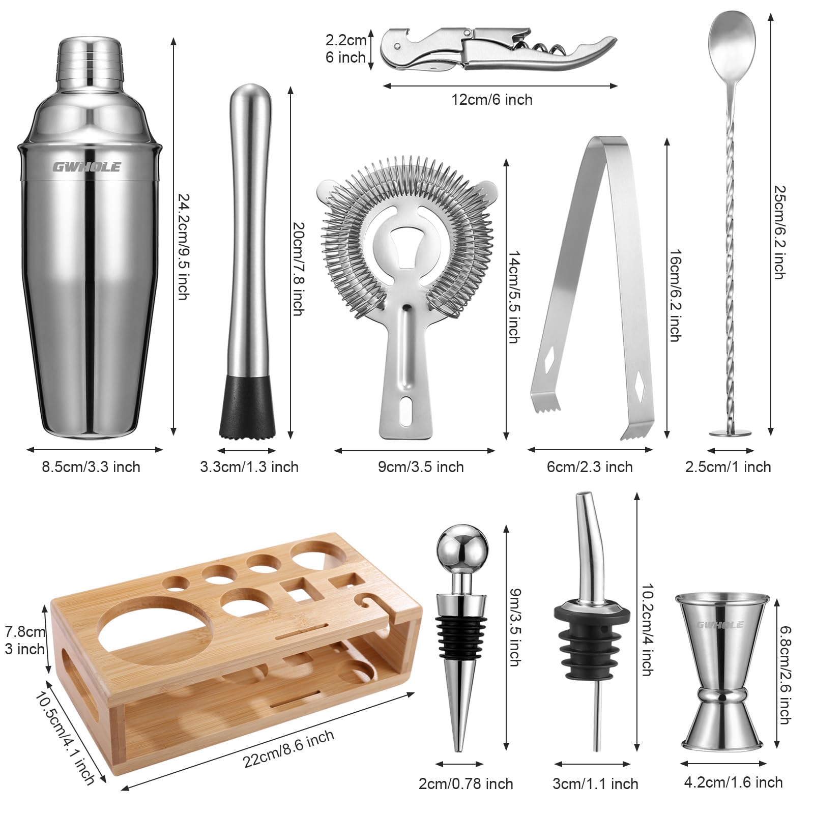 Kit Shaker à Cocktail en Acier Inoxydable GWHOLE avec Support Bois et Recette