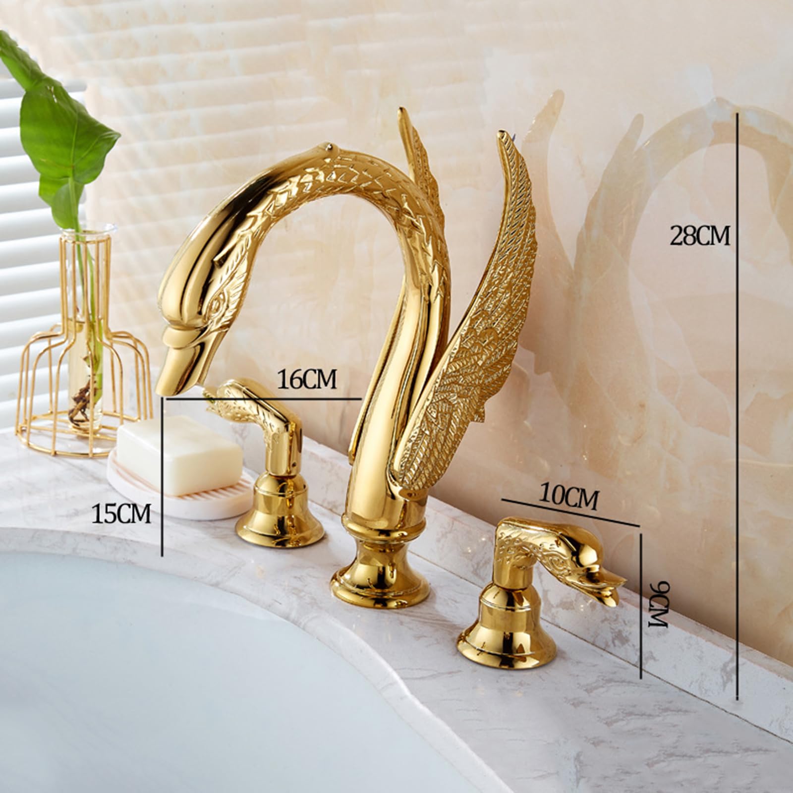 Rubinetto Miscelatore per Lavabo A Collo Di Cigno 3 Fori Doppia Leva Acqua Calda E Fredda Oro Rosa