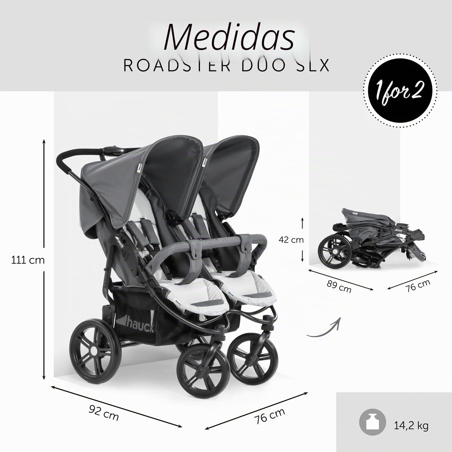 hauck Roadster Duo SLX Carro Doble Bebé | Silla de Paseo Gemelar Ligera desde el Nacimiento hasta 15 kg o 3 Años - Reclinable - Plegable Ultracompacta - Ruedas Grandes - Cesta XL - Gris