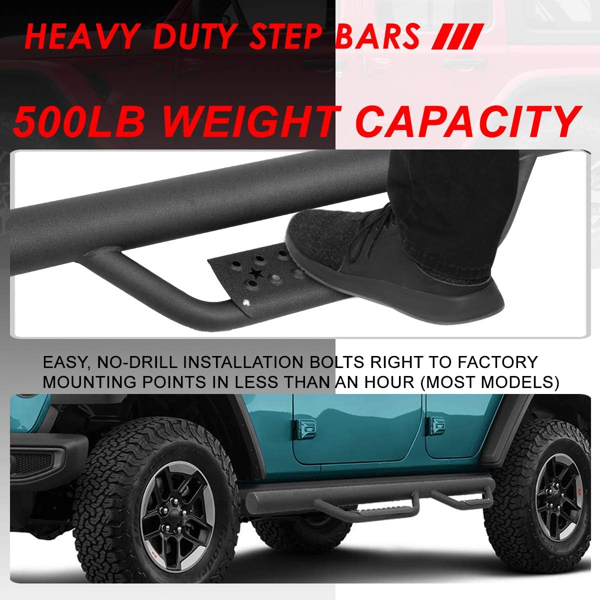 Auto Dynasty 3 Inches Round Tubing Drop Side Step Bar Running Boards Compatible with Jeep Wrangler JL Unlimited 4-Door 2018-2024, Aluminum, Black Powdercoated