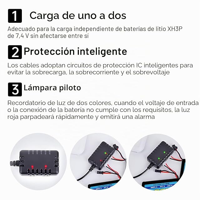 Foto 7 de 7 de AMZZN 2S 7.4V cargador XH-3P 1-to-2 para coches y camiones, adecuado para AX24, SCX24, FCX24, UTB18, SCX24 RC