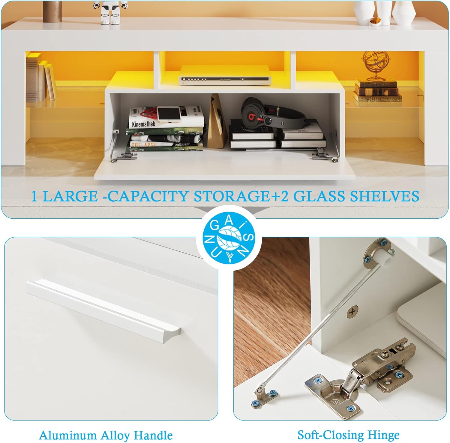 Modern LED 51 inch TV Stand with Storage for 32 40 50 55 Inch TVs, White TV Console with High Gloss Entertainment Center and Open Shelves for Living Room, Bedroom