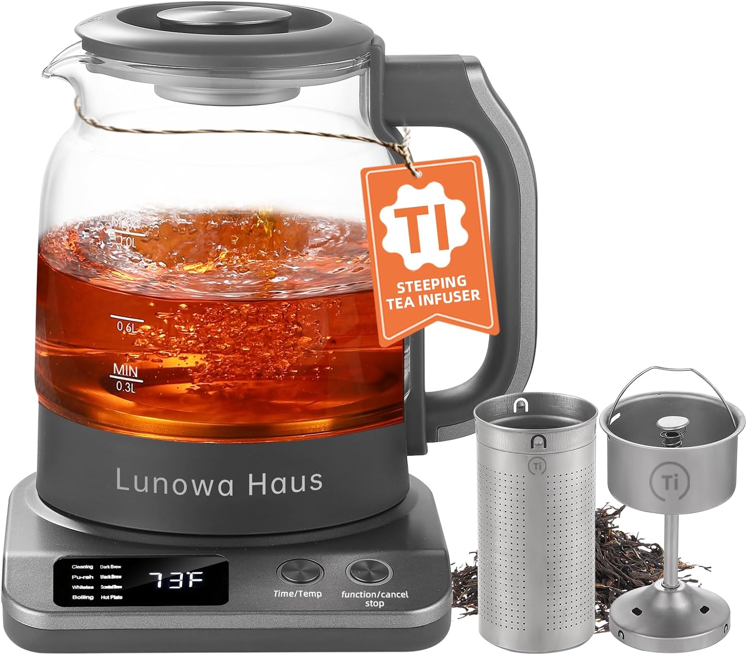 Pure Titanium Glass Automatic Electric Tea Maker & Kettle, Auto Shut Off, Steam Extraction, 11 Temp, 10 Concentration Levels, 2 Tea Infusers, 12H Auto Warm, 1.2L 600W US Plug, BPA-Free, Easy to Clean