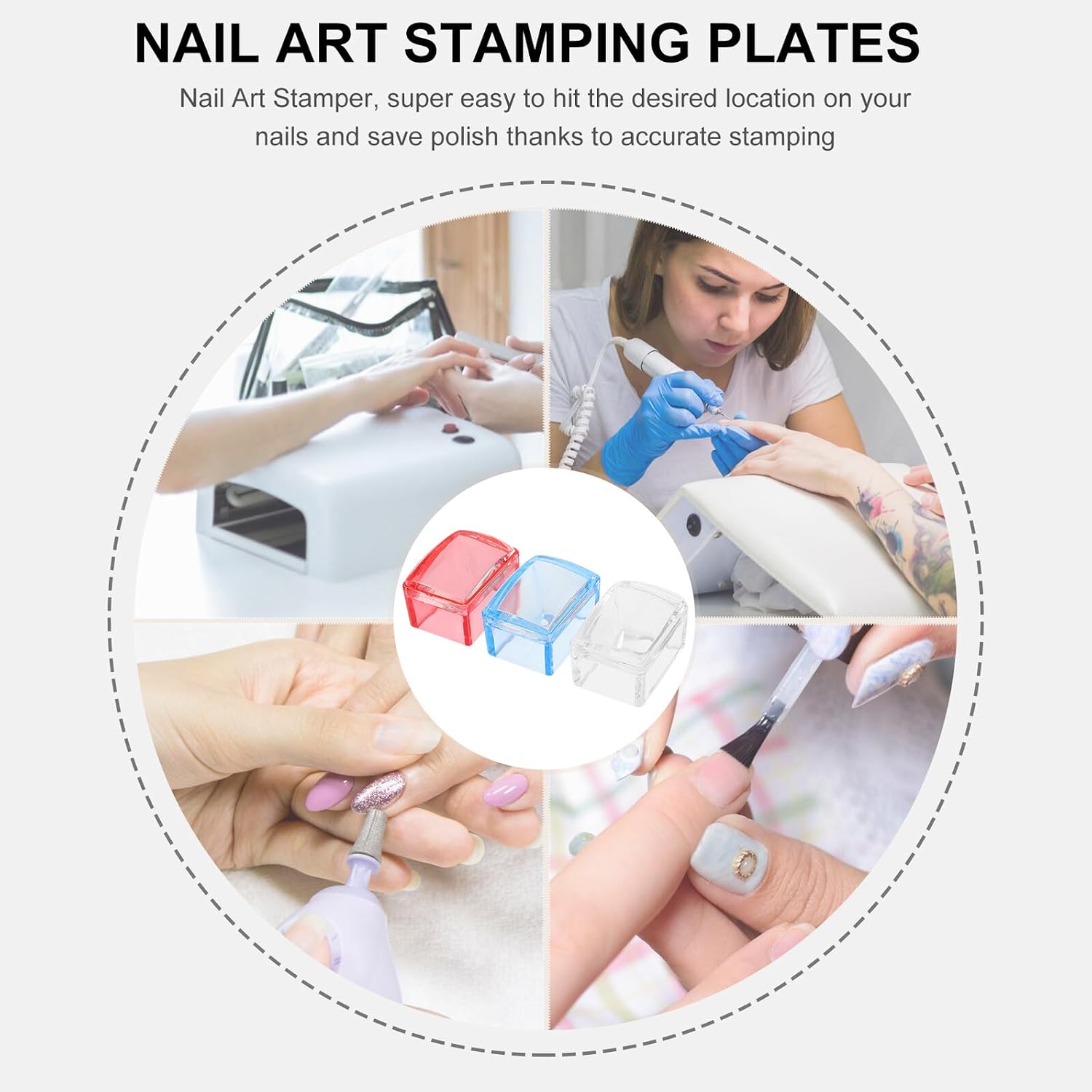 Zerodeko 3 Sets Nail Art Stamper with Stamping Plates for DIY Manicure Use Nail Stamp Templates in Blue Pink Transparent for Beginners and Professionals