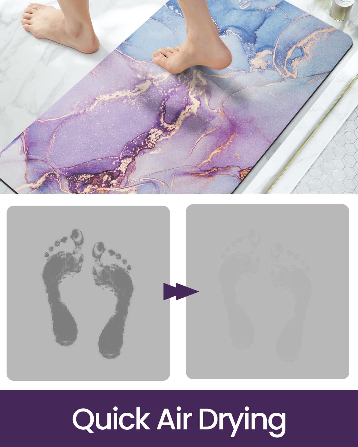 DEXI Bathroom Mat Ultra Thin, Non Slip Bath Rug for Shower Floor, Absorbent Quick Dry Marble Bathmats Low Profile, 17x32, Blue and Purple