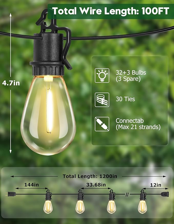 Luces de Cadena Exterior LED 100FT 32 Bombillos Edisón S14 E12 2700K Atenuable miniatura 3