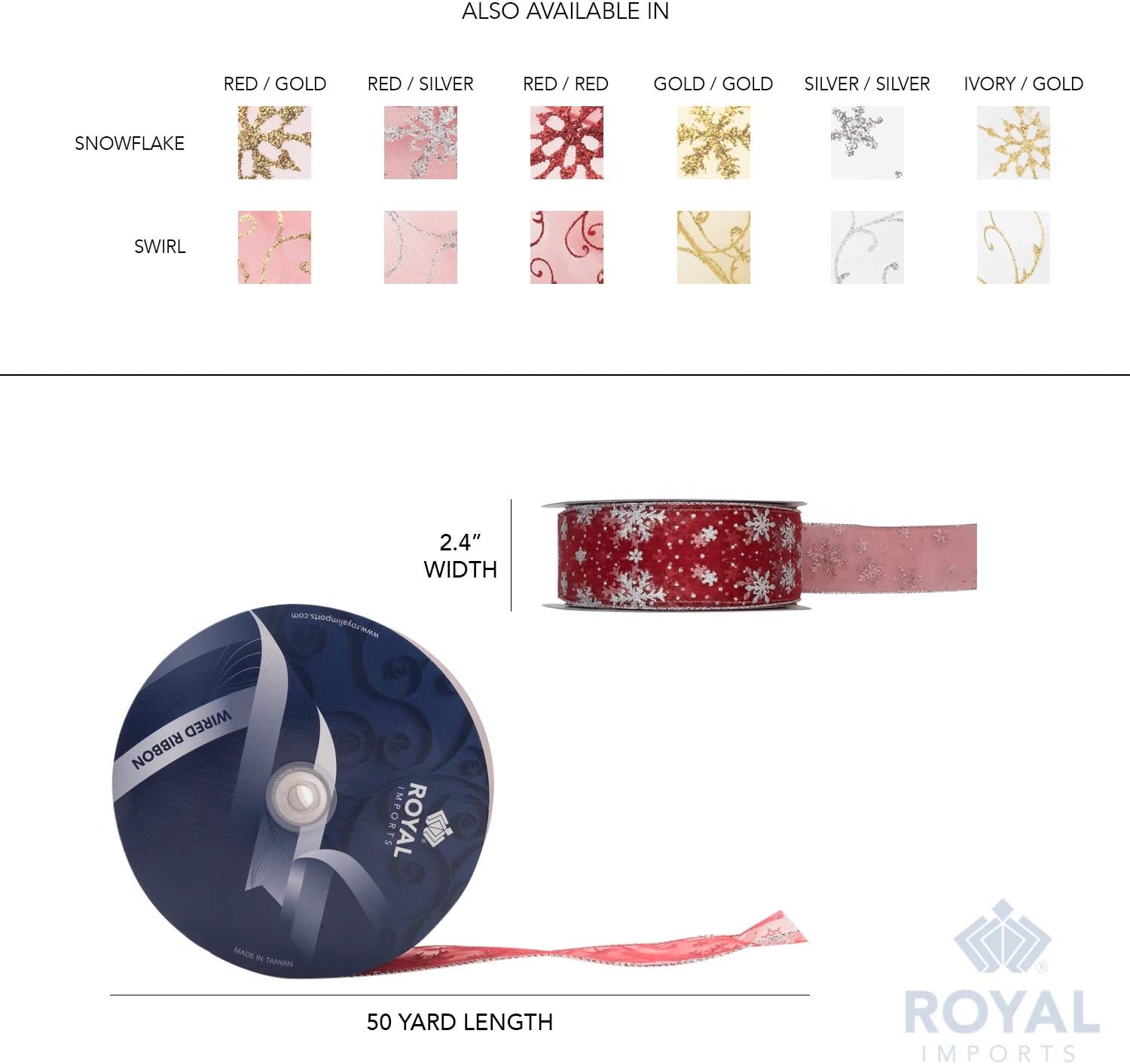 Royal Imports Organza Glitter Wired Sheer Christmas Ribbon - 2.5" (#40) Snowflake Design for Floral, Craft, Holiday Decoration, 50 Yard Roll (150 FT Spool) - Red with Silver Edges (Pack of 2)