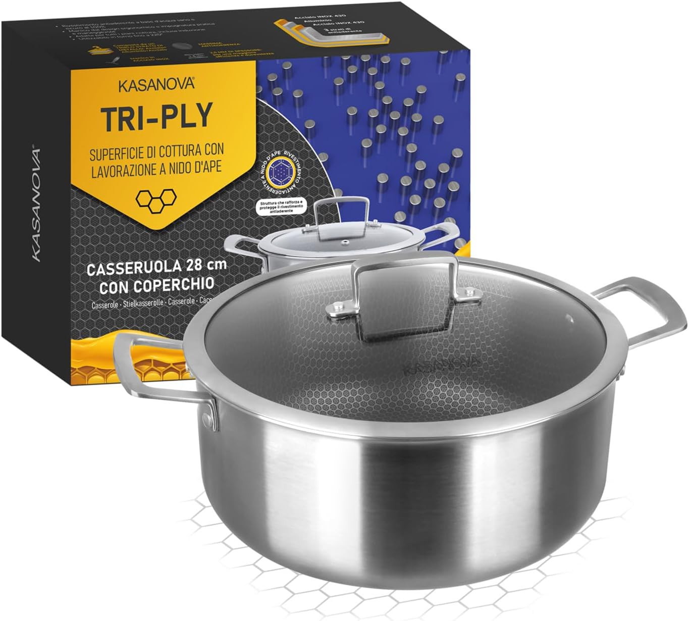KASANOVA Triple Layer Saucepan with 3 Layer Lid - Indestructible 3-Layer Non-Stick Coating (28cm)
