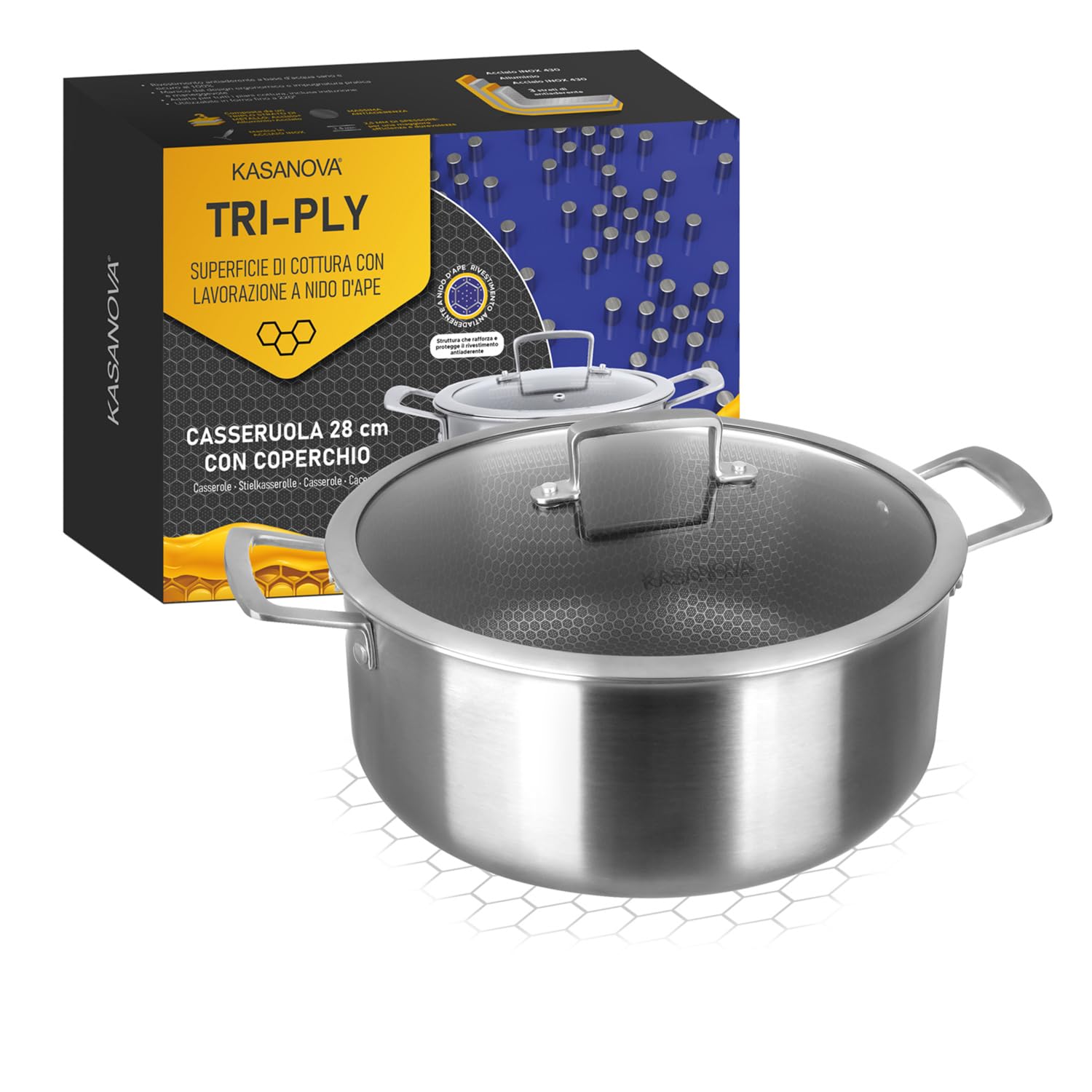 KASANOVA Casseruola antiaderente con rivestimento nido d'ape 28 cm Tri-ply, con coperchio in vetro
