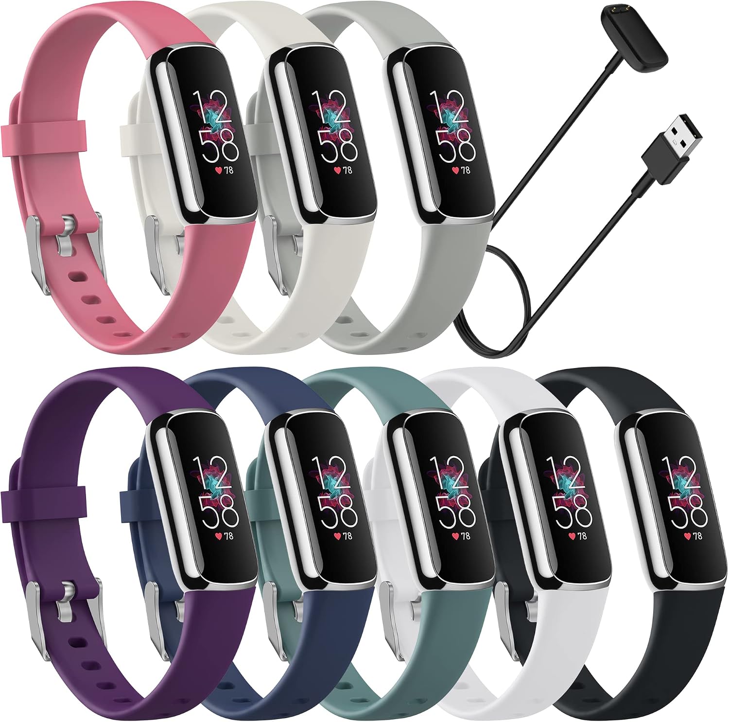 Sunnyson 8 Pack Bands Compatible with Fitbit Luxe,Adjustable Silicone Sport Replacement Wristbands Straps Compatible with Fitbit Luxe Smart Watch for Men Women（Small）