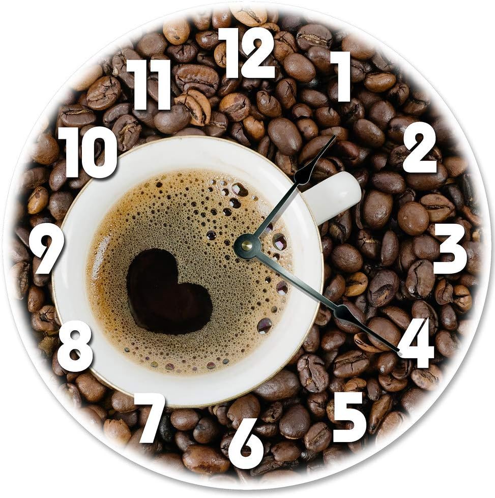 Heart Coffee Cup with Coffee Silent Non Ticking Round Battery Operated Handmade Hanging Extra Large 12 Inch Wall Clock for Bedroom Office Cottage Decoration