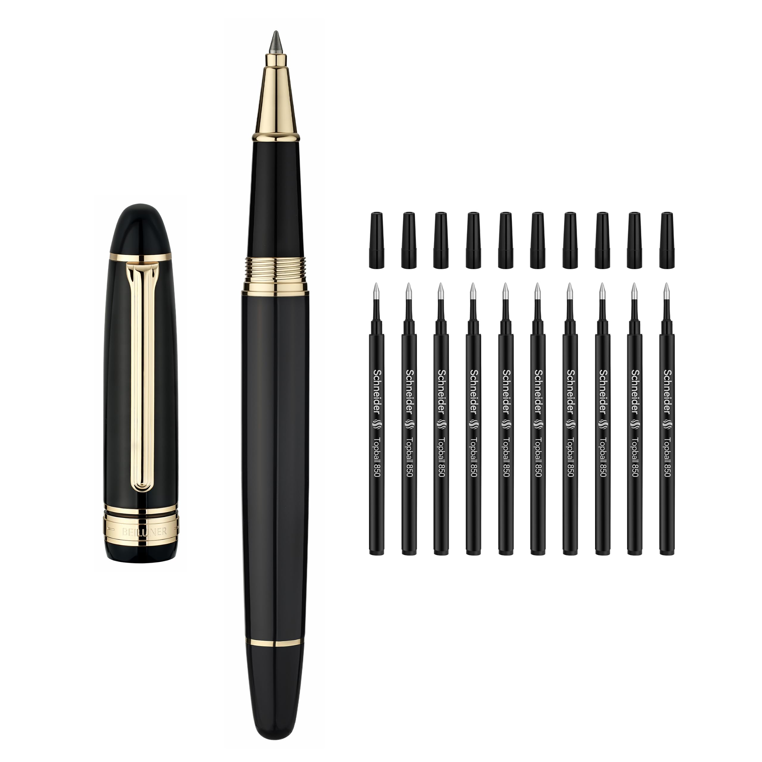 BEILUNER 319 Luxury Rollerball Pen, bundle 10 Refills in one box | 24K Gold Finish,Black…