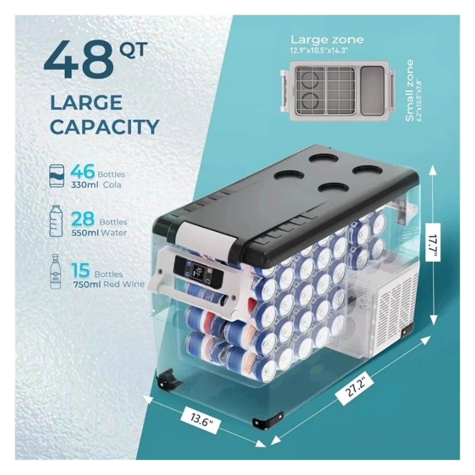Refrigerador eléctrico de 48 Cuartos (45 L), 12 V, Control por aplicación, Temperatura de -20 °C a 20 °C, congelador portátil de 12/24 V CC