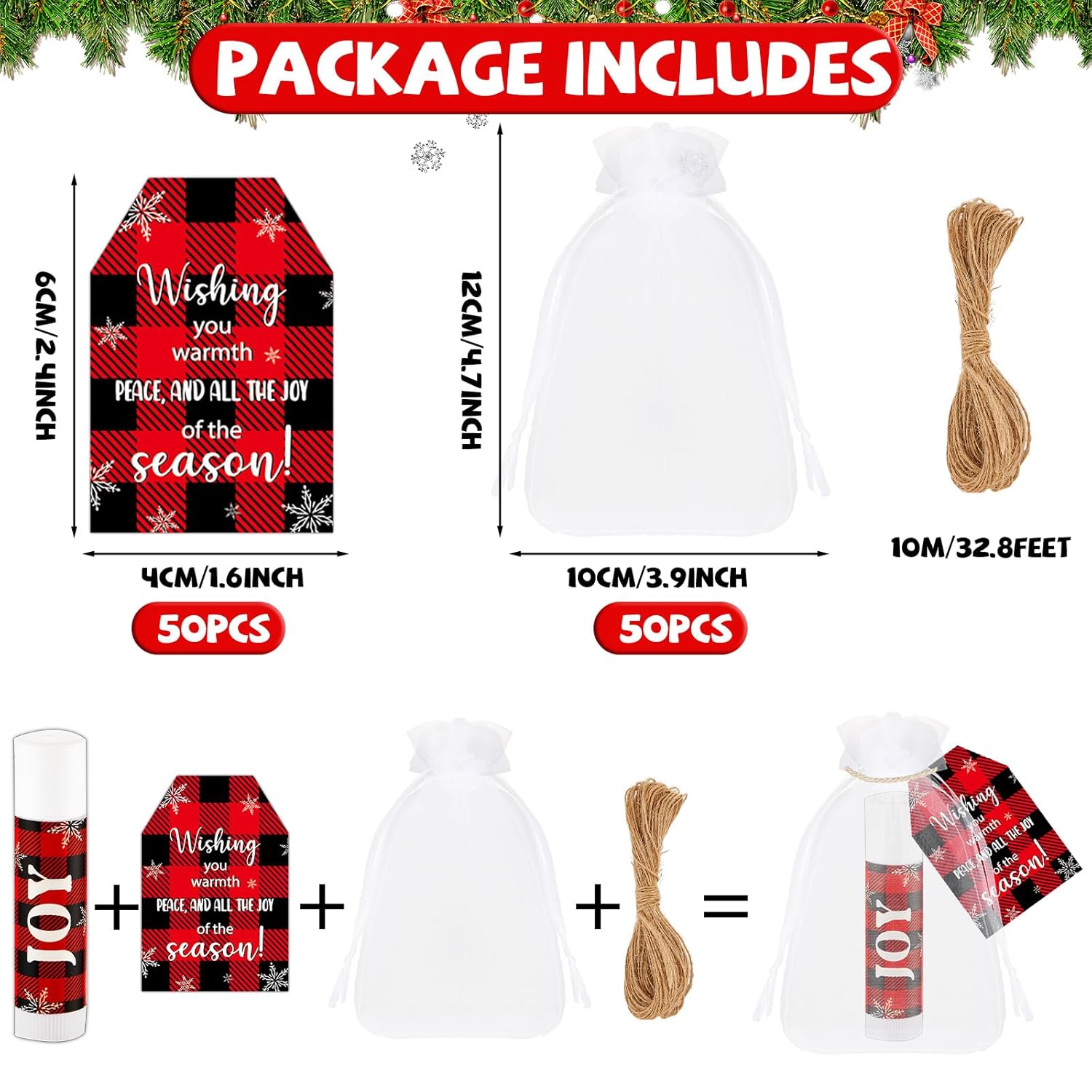 50 Pack Christmas Lip Balm Gift Bulk, Moisturizing Nourishing Lip Balm Appreciation Gift, Xmas Holiday Birthday Party Favors Stocking Stuffers for Women Men Coworker Teacher (Red&Black Buffalo Plaid)