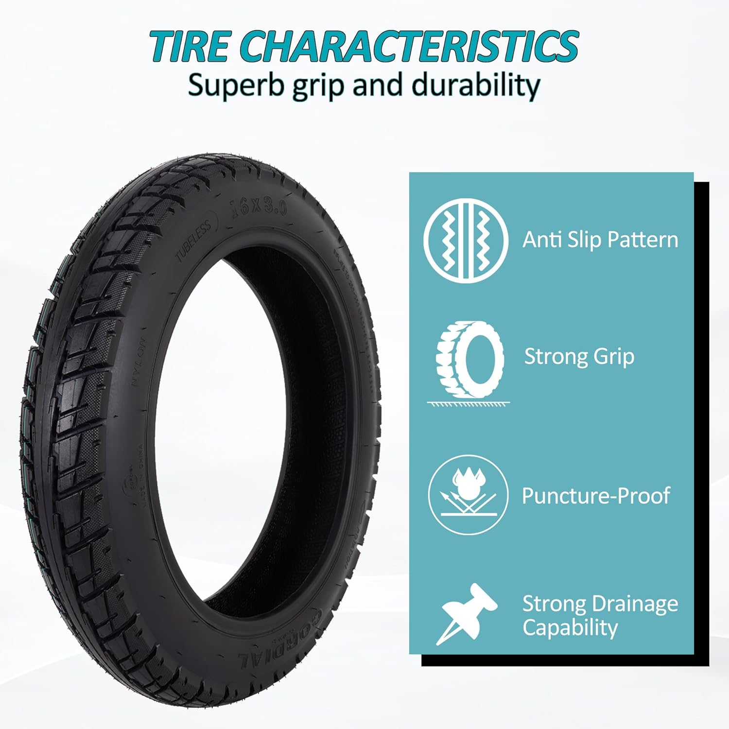 16 Inch Tubeless Tire for Electric Bike, 16x3.0 Puncture-Proof Snow Tire for E-Bike with Valve and Tire Levers, 16” Vacuum Tire Pneumatic Tires
