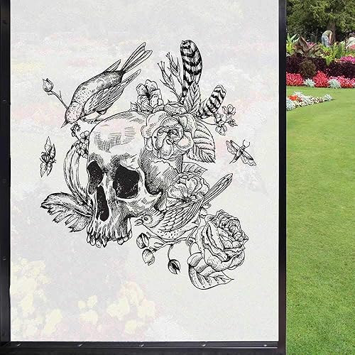 Película gótica esmerilada de vidrio esmerilado para ventana, diseño de calavera, rosas, capullos de flores, plumas, pájaros y abejas, ilustración