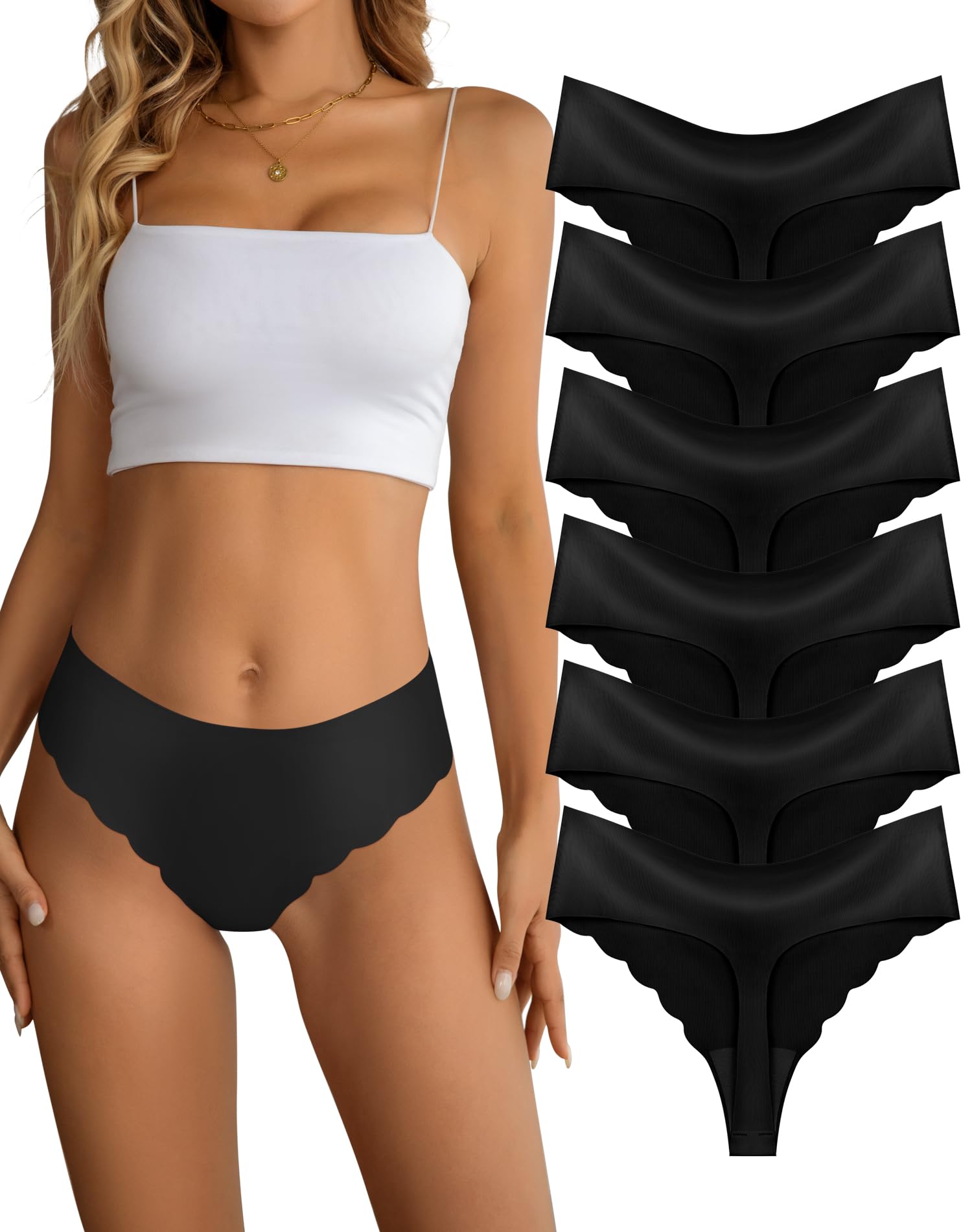 Dawnrole Seamless Thongs for Women Mid Waist Thong No Show Underwear Breathable Stretch Wave Edge Panties 6 Pack