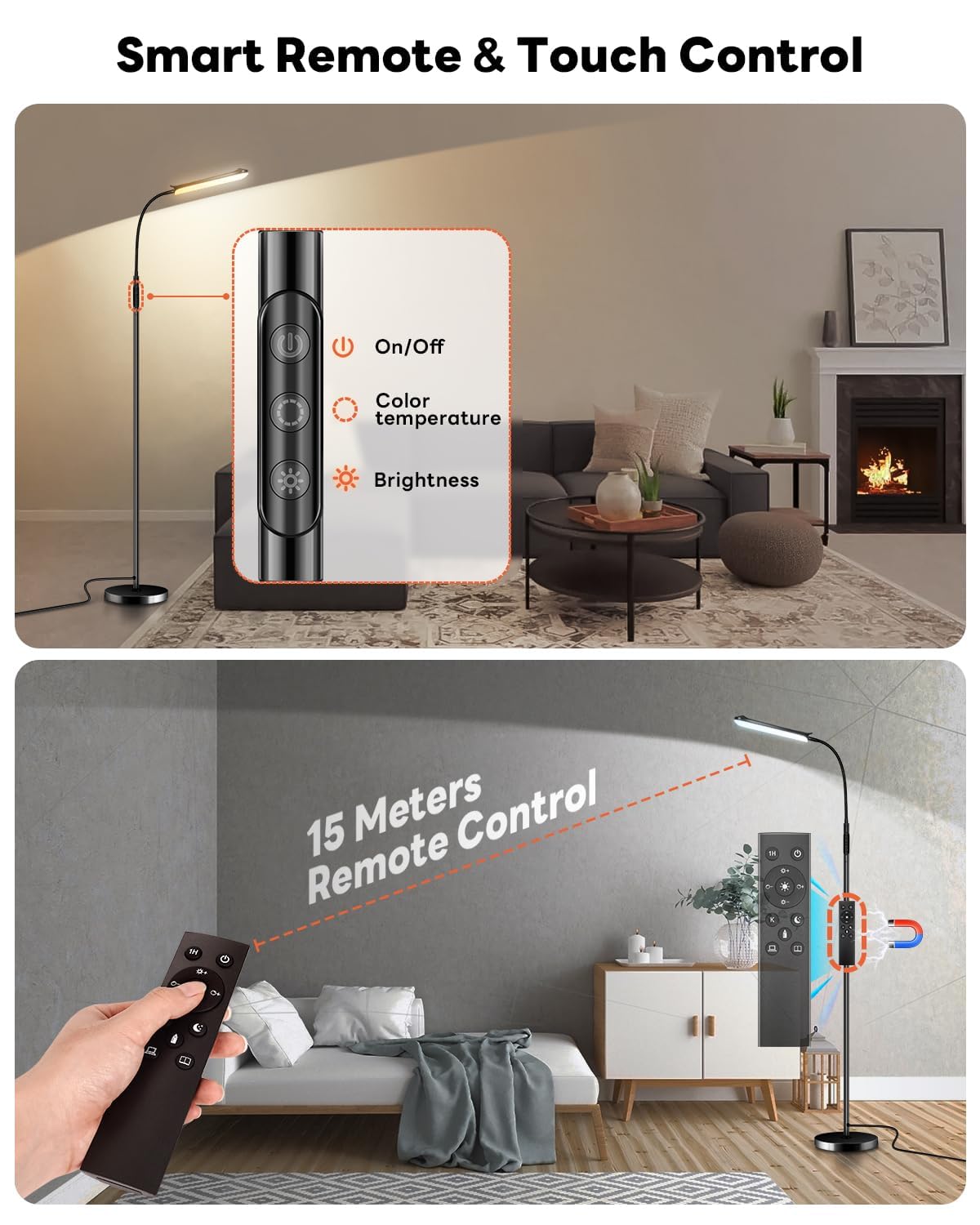 Lampada da Terra LED, 18W 1800LM Lampada da Lettura Dimmerabile con Collo Flessibile, Piantana 175 cm con Telecomando, Temperatura Colore Regolabile 2700K-6500K