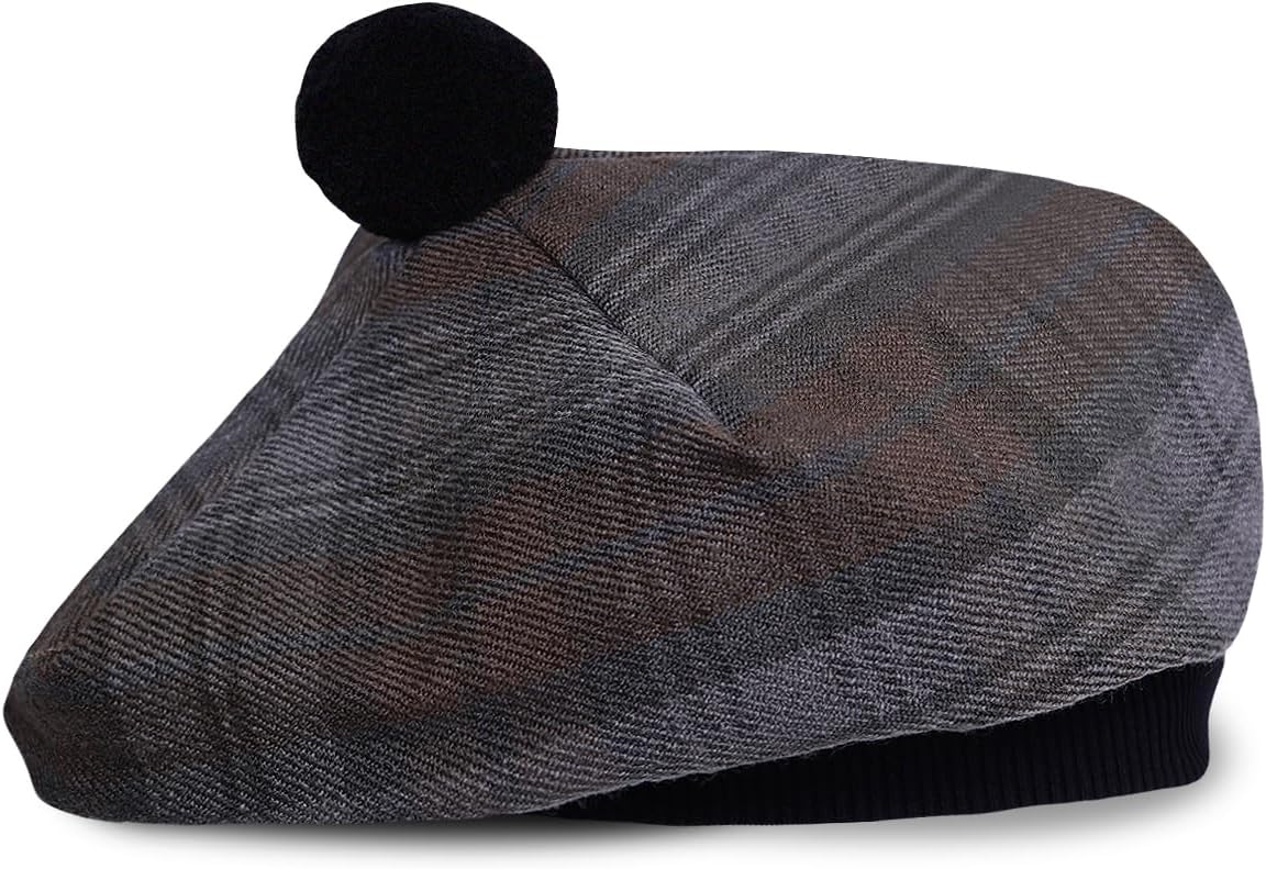 Scottish Tam o’ Shanter Hat Traditional Tartan Bonnet with Pom Pom | Acrylic Wool Flat Cap | One Size Fits Most