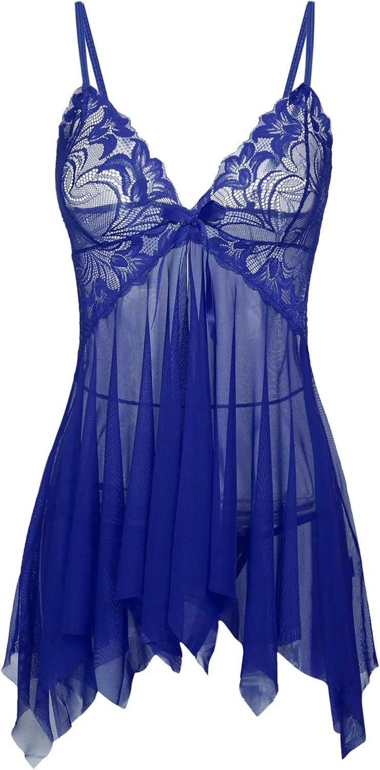 Nightgowns for Women Sexy Open Front V Neck Mesh Lace Wireless Babydoll Lingerie for Women with Thong 2 Pieces - Image 8