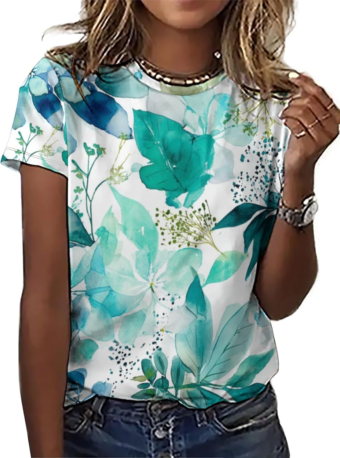 Women’s Boho Floral Printed Cotton Linen Blend Blouse Ladies Summer Casual Crewneck Short Sleeve Tunic Tops